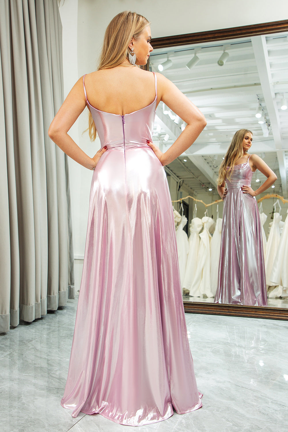 Sparkly Pink A Line Spaghetti Straps Long Prom Dress With Slit