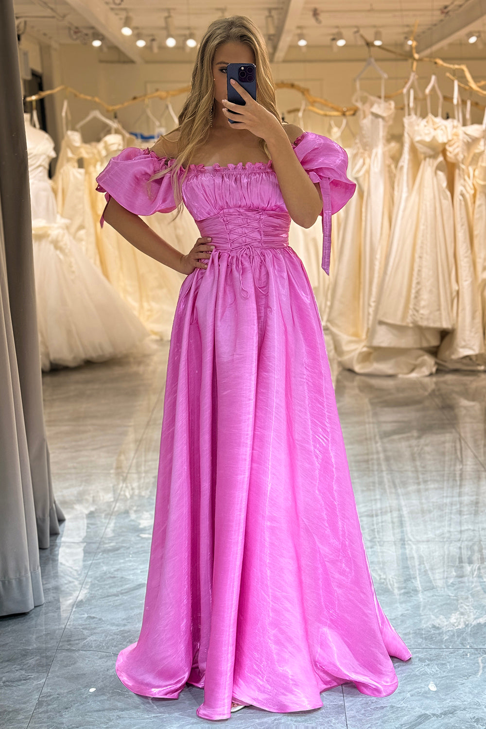 A-Line Off The Shoulder Fuchsia Lace-Up Prom Dress With Puff Sleeves