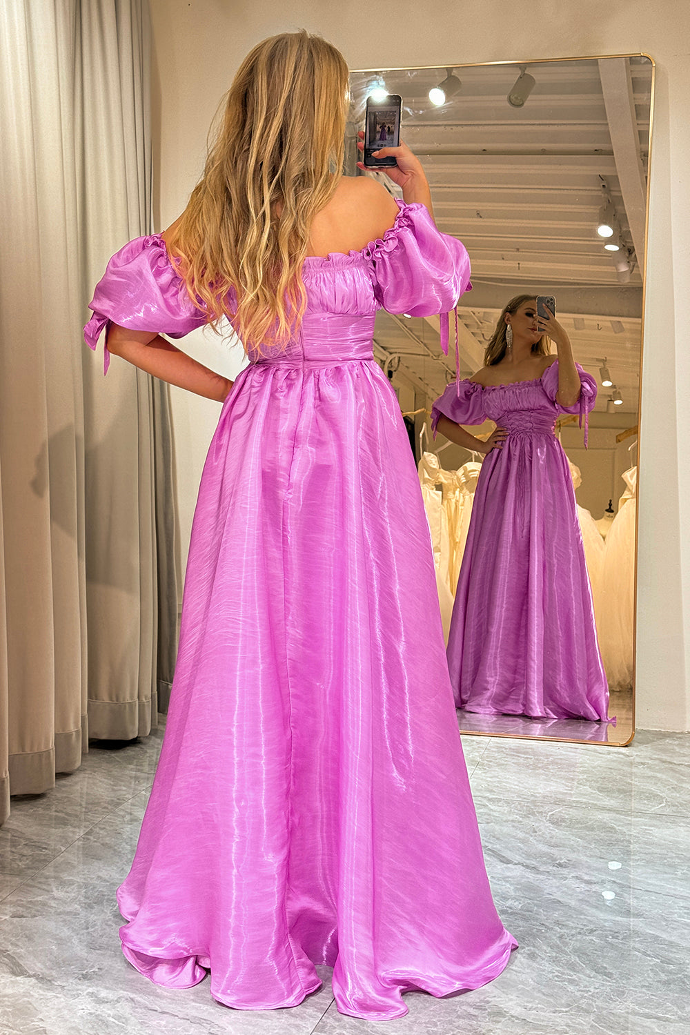 A-Line Off The Shoulder Fuchsia Lace-Up Prom Dress With Puff Sleeves