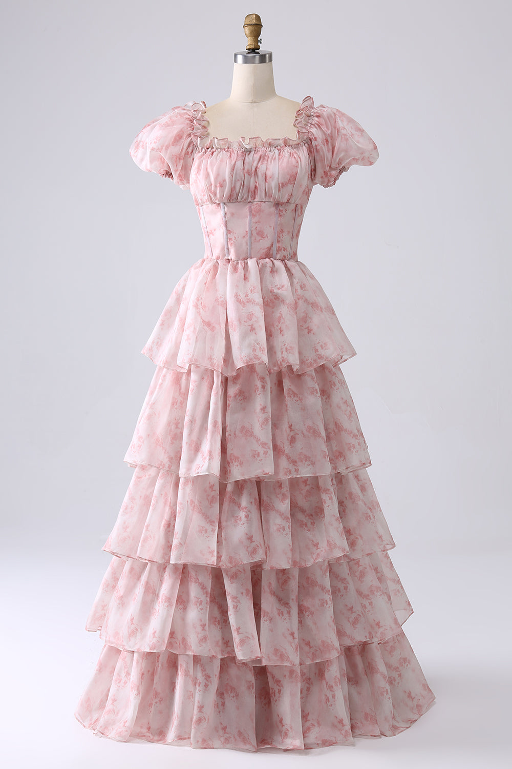 Blush A-Line Tiered Corset Prom Dress With Puff Sleeves