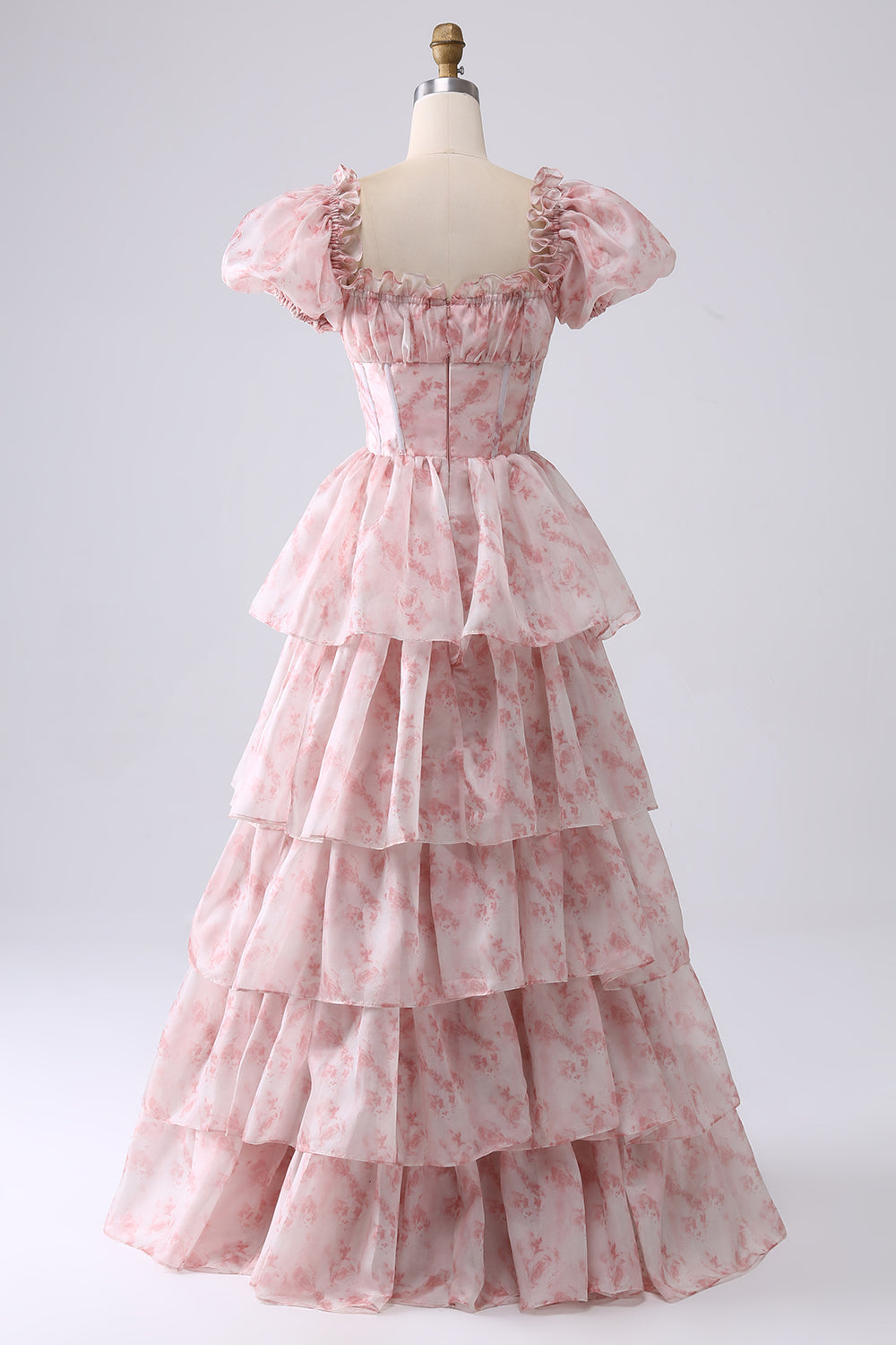 Blush A-Line Tiered Corset Prom Dress With Puff Sleeves