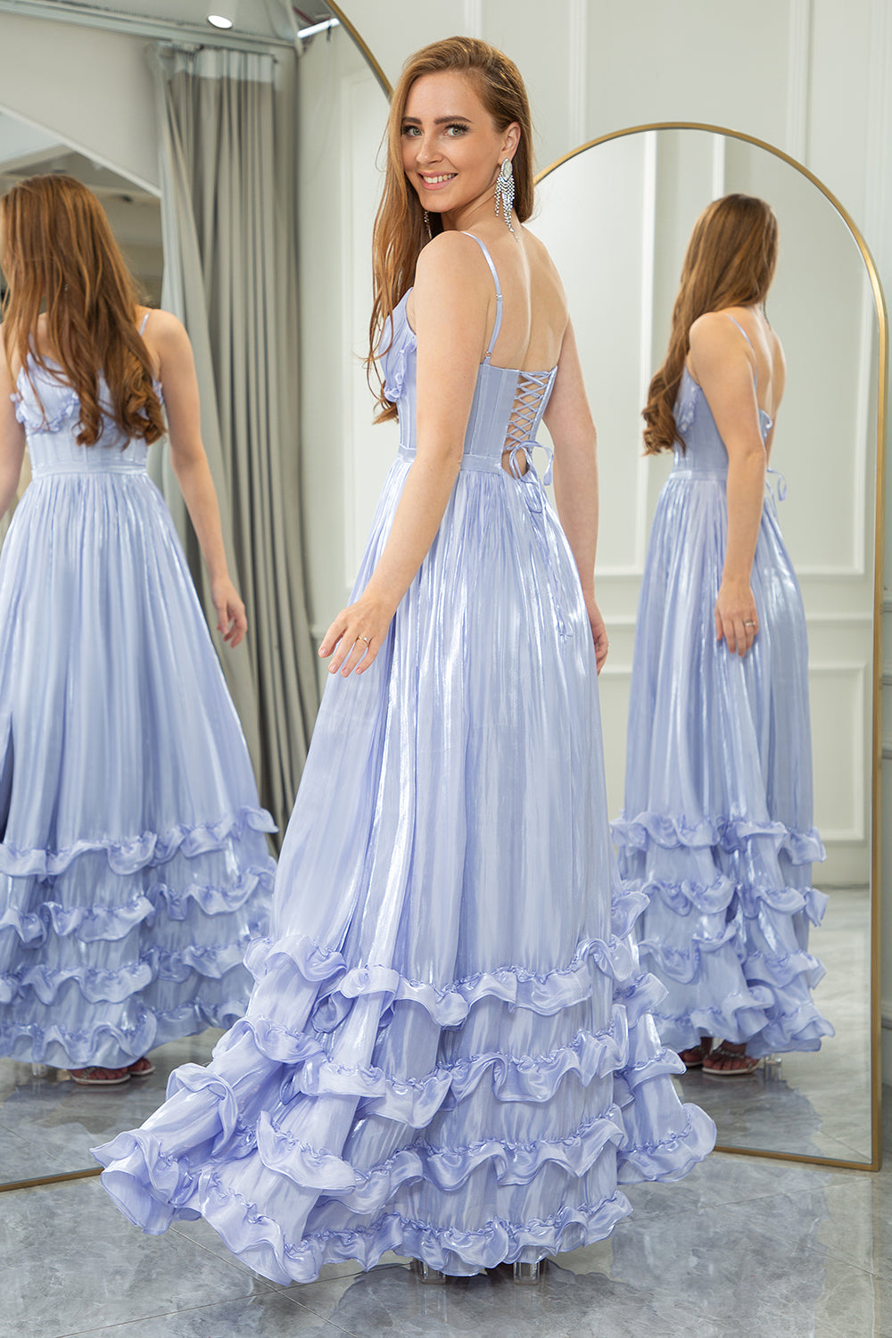 A Line Spaghetti Straps Tiered Long Corset Lavender Prom Dress With Slit