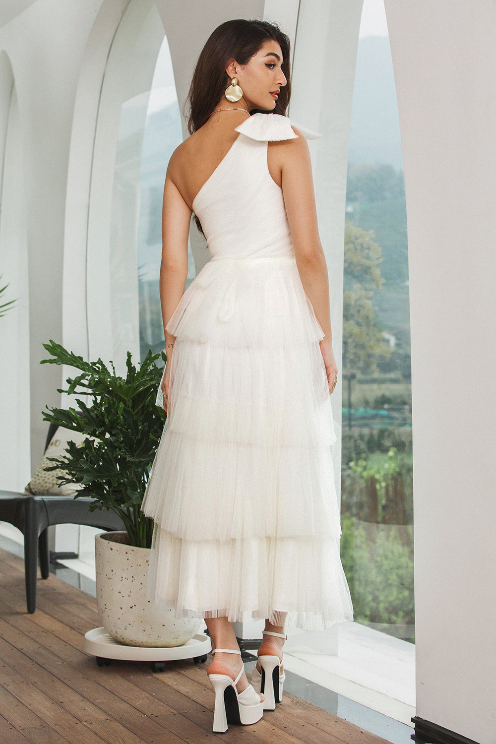 Elegant White A Line One Shoulder Tiered Long Graduation Dress