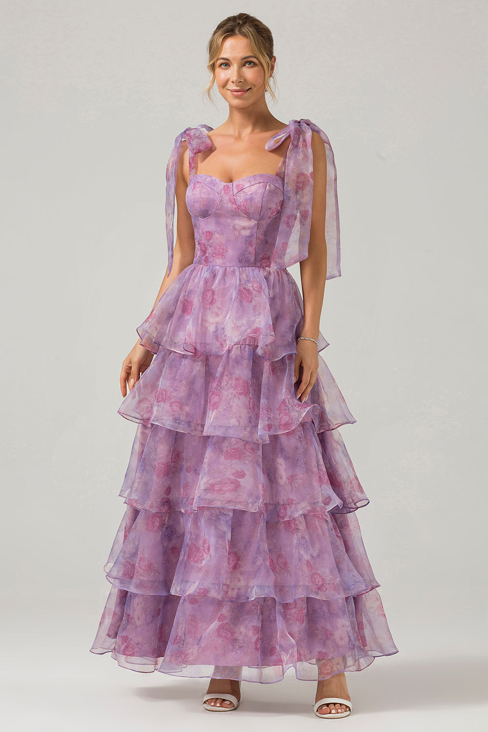 Purple A Line Spaghetti Straps Tiered Print Tea-Length Wedding Party Dress