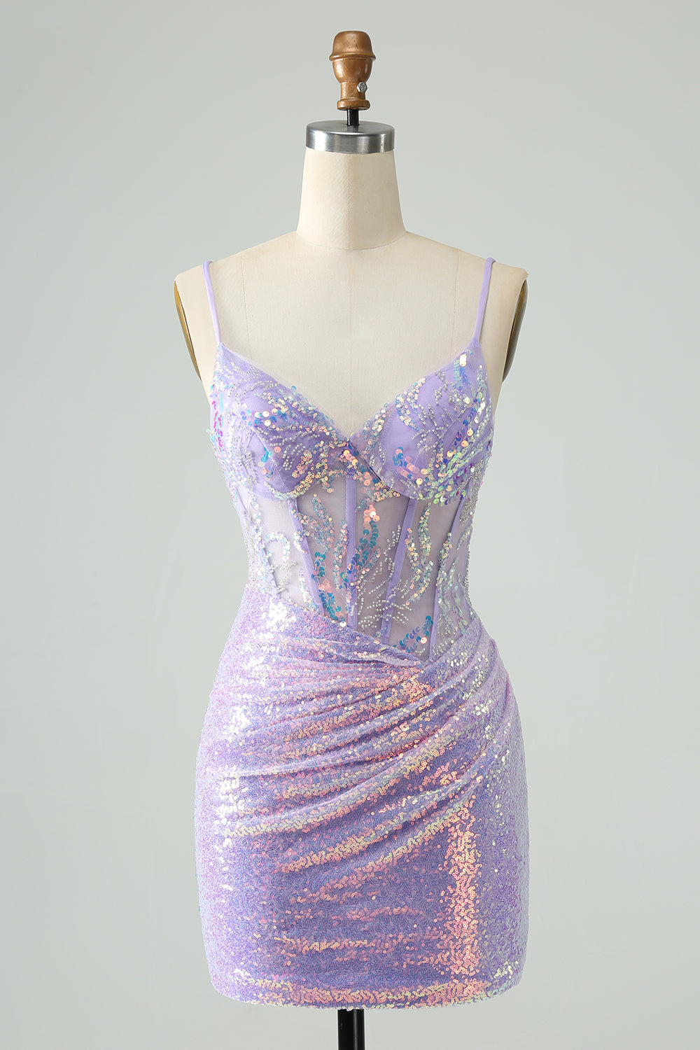 Glitter Lilac Tight Spaghetti Straps Corset Short Homecoming Dress with Sequins