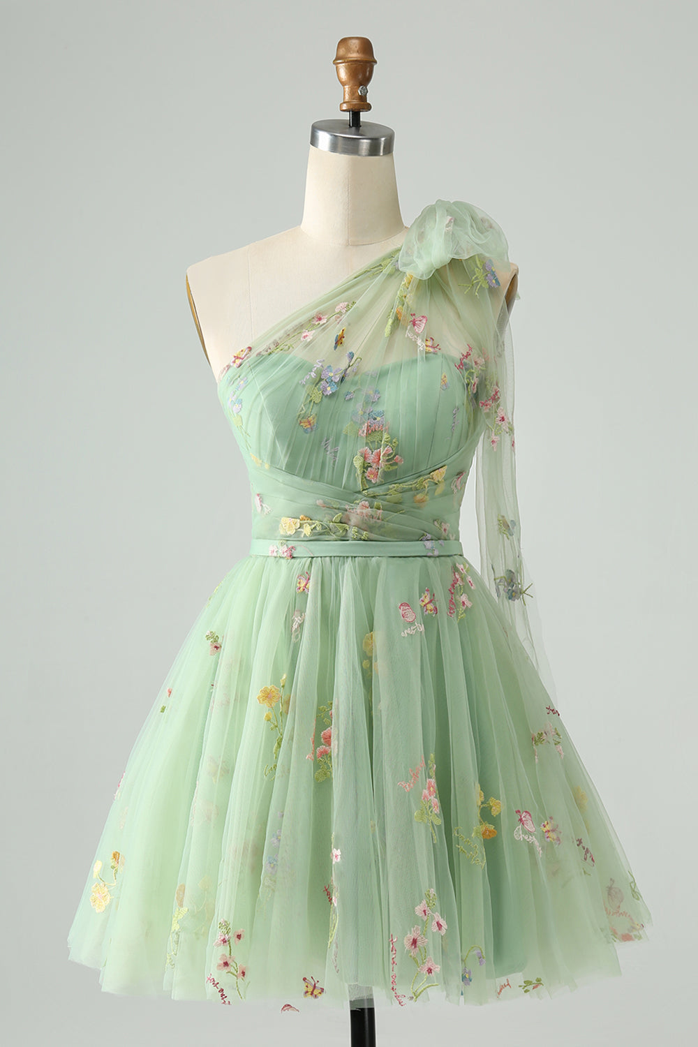 Light Green A Line One Shoulder Tulle Homecoming Dress with Floral Embroidery