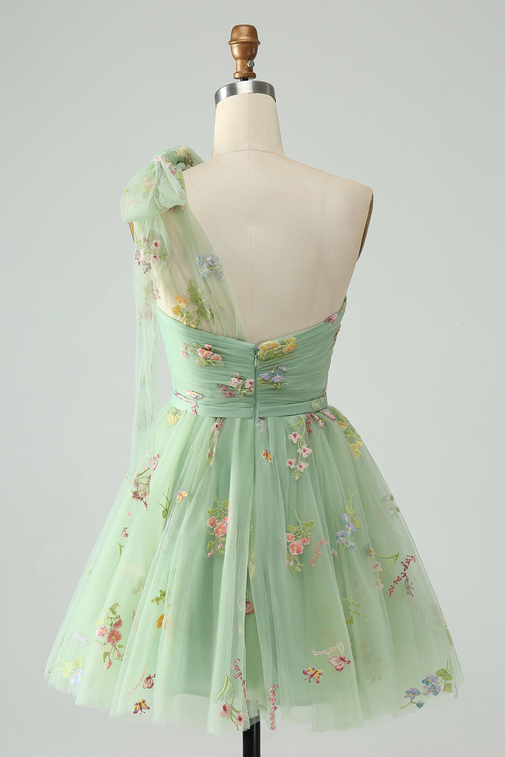 Light Green A Line One Shoulder Tulle Homecoming Dress with Floral Embroidery