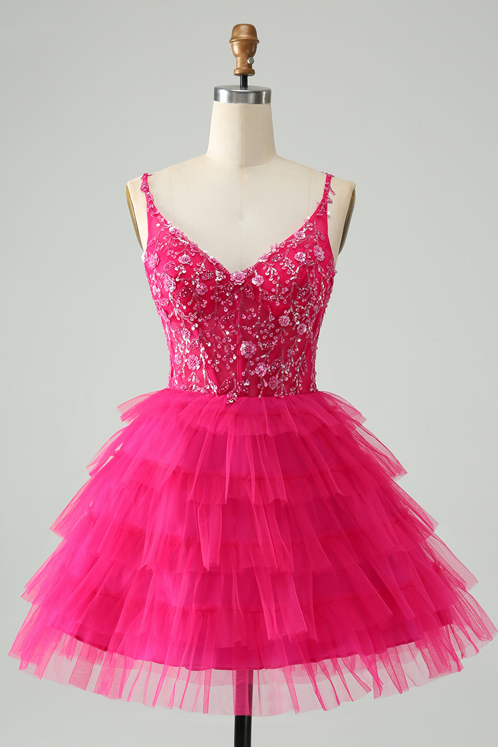 Cute Fuchsia A Line Spaghetti Straps Tiered Short Homecoming Dress with Sequins