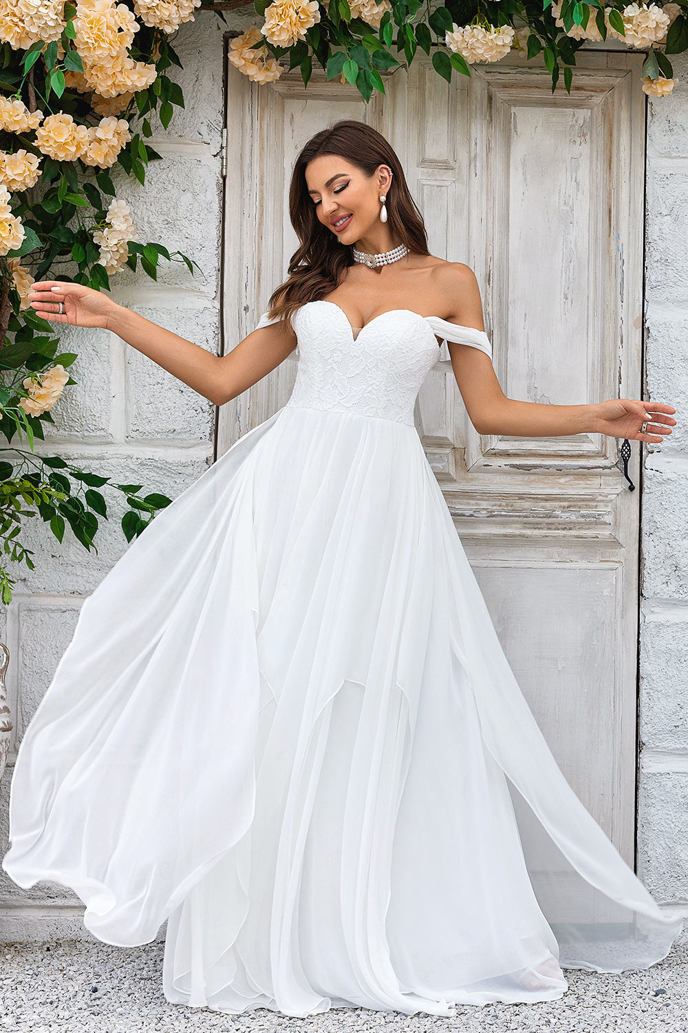 Ivory A-line Off the Shoulder Sweep Train Chiffon Wedding Dress With Lace