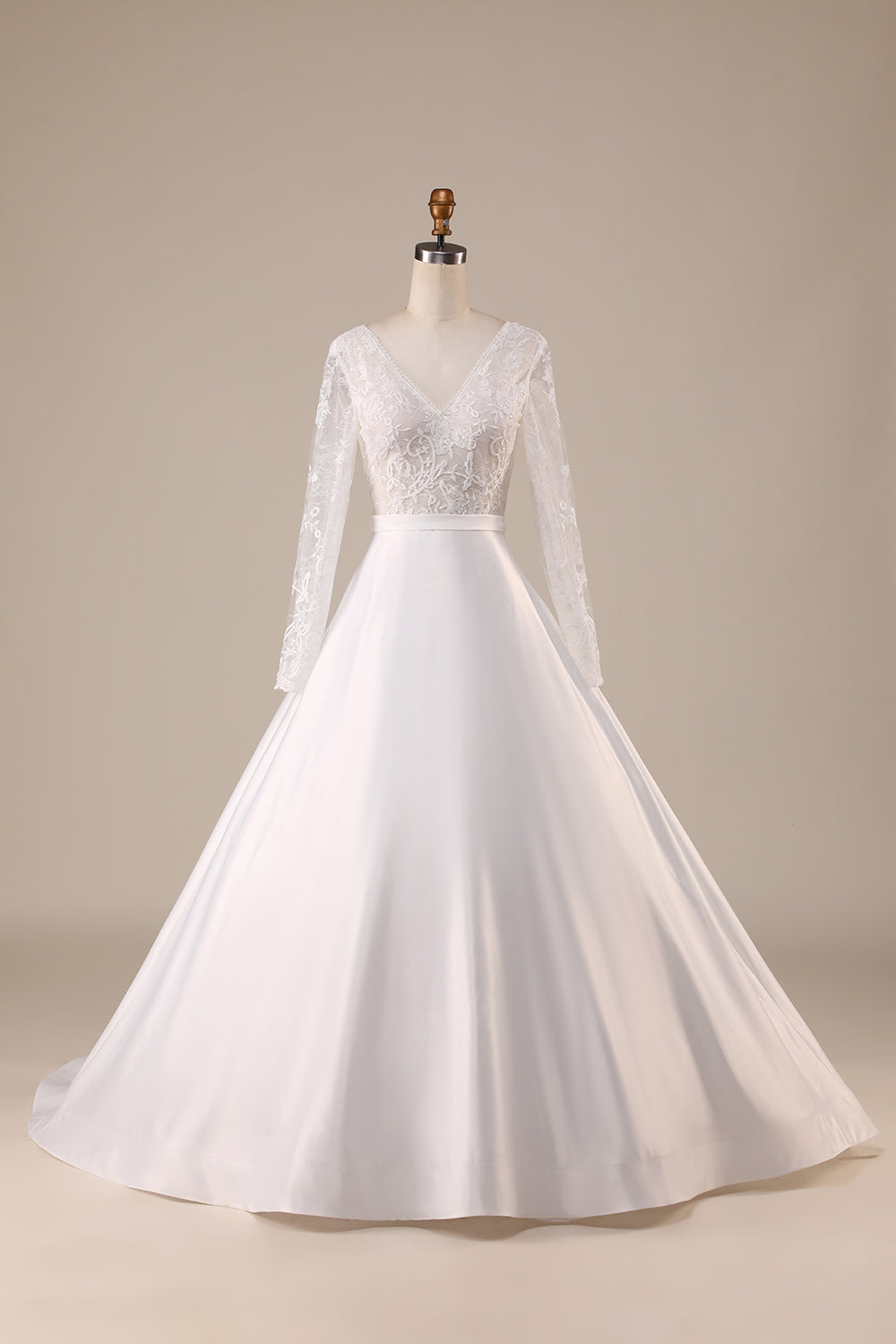 Ivory A Line Tulle Backless Wedding Dress with Long Sleeves