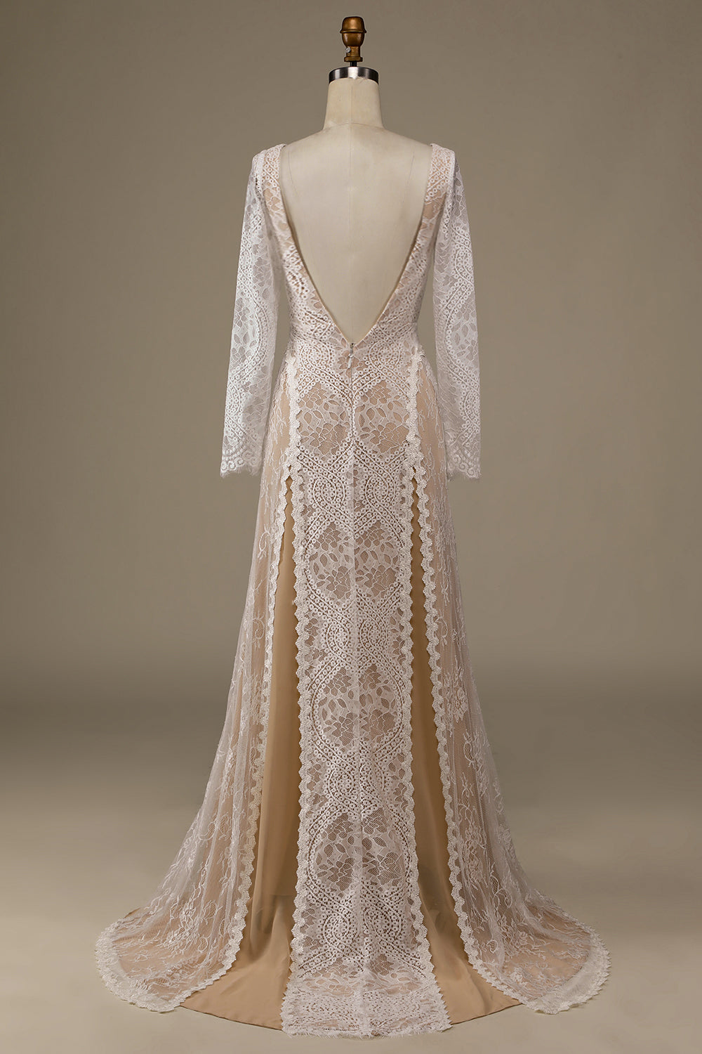 Champagne Long Sleeves Sweep Train Wedding Dress with Lace