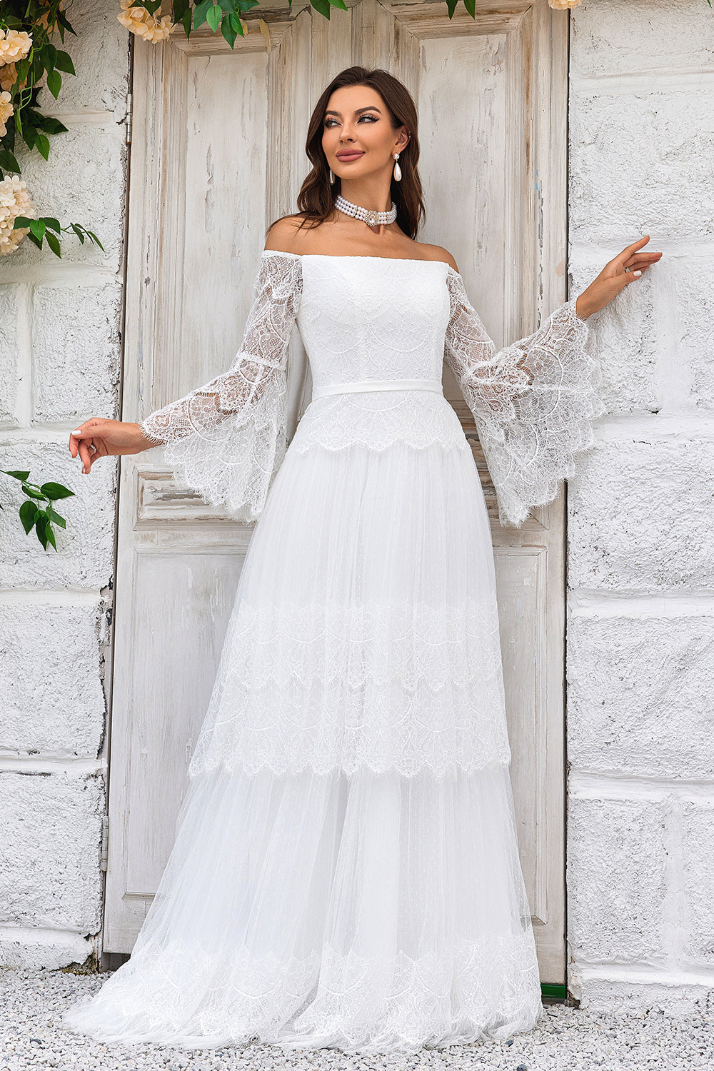 Ivory A Line Off The Shoulder Tulle Long Wedding Dress With Lace