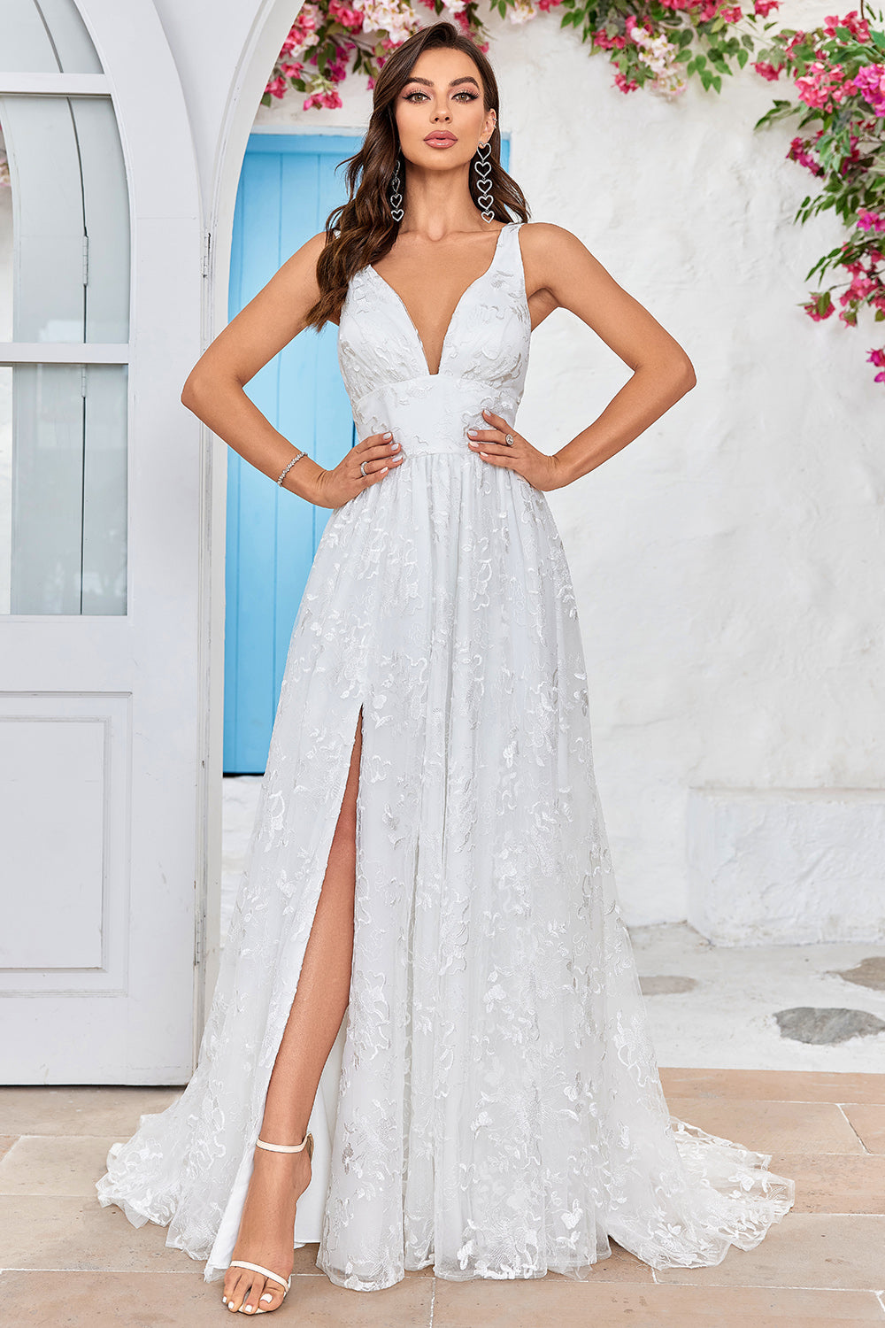 Ivory A Line V-Neck Lace Wedding Dress with Slit