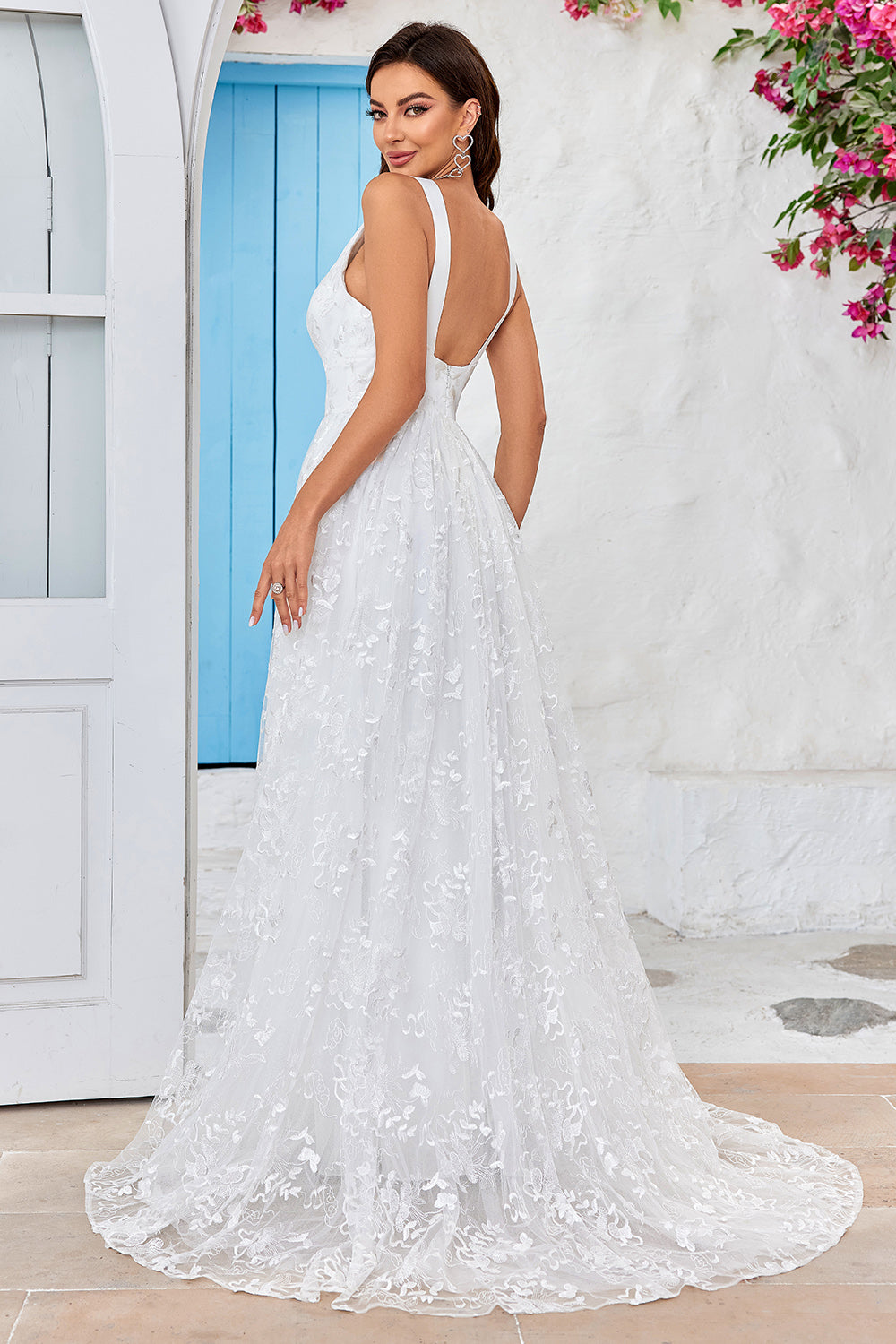 Ivory A Line V-Neck Lace Wedding Dress with Slit