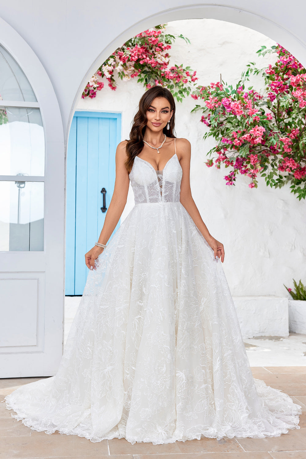 Ball-Gown/Princess V-Neck Sweep Train Lace Wedding Dress With Sequins