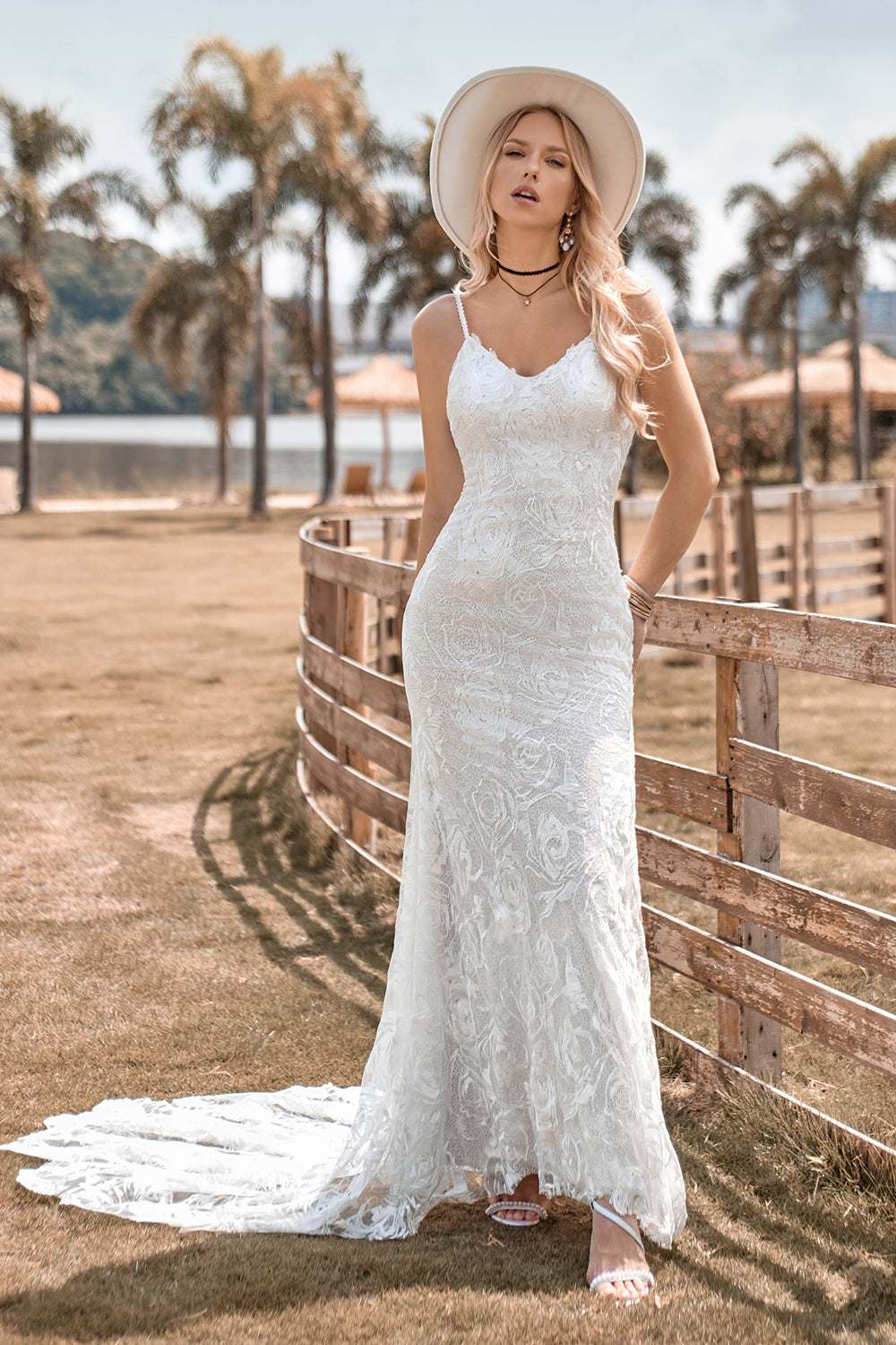 Ivory Mermaid Spaghetti Straps Chapel Train Lace Wedding Dress