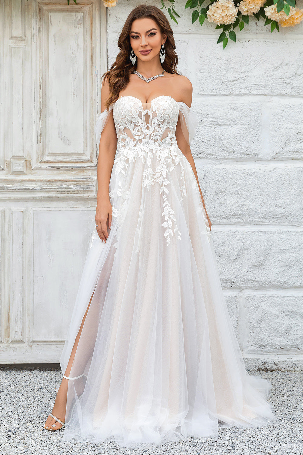 A Line Detachable Off the Shoulder Tulle Wedding Dress with Lace