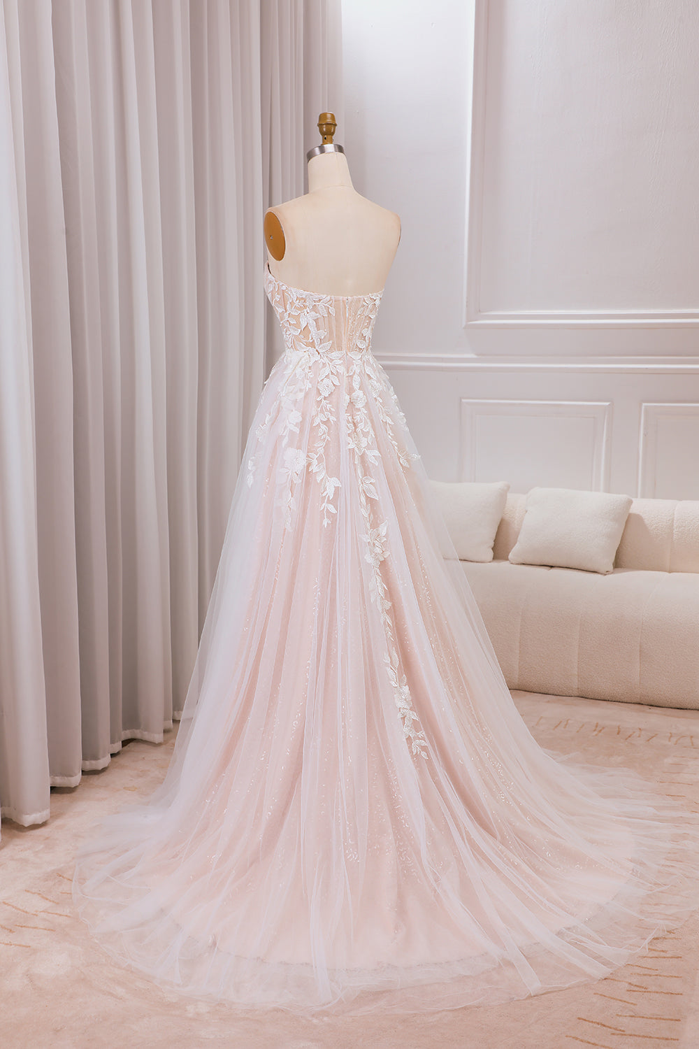 Detachable A Line Sweetheart Tulle Wedding Dress with Lace