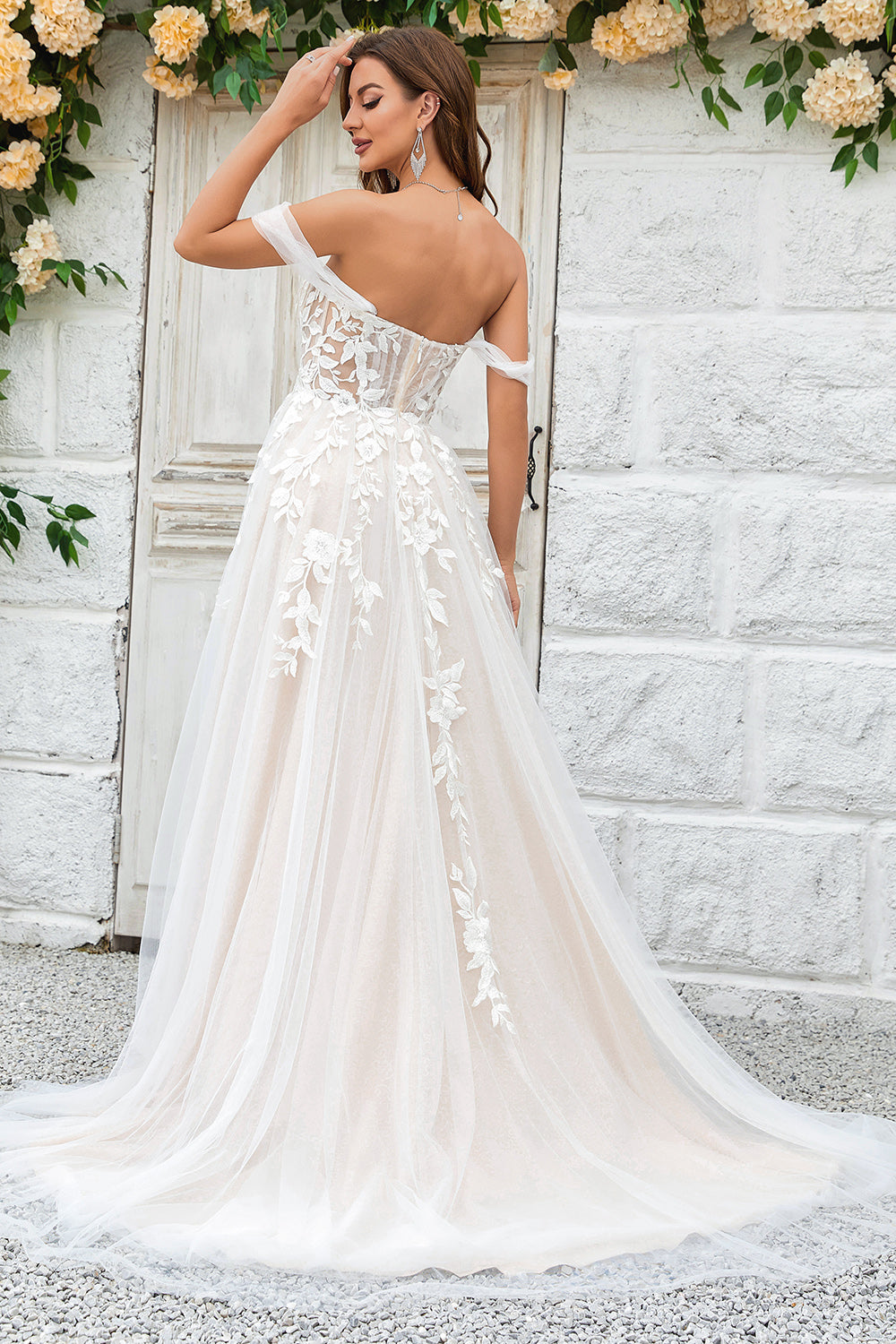 A Line Detachable Off the Shoulder Tulle Wedding Dress with Lace