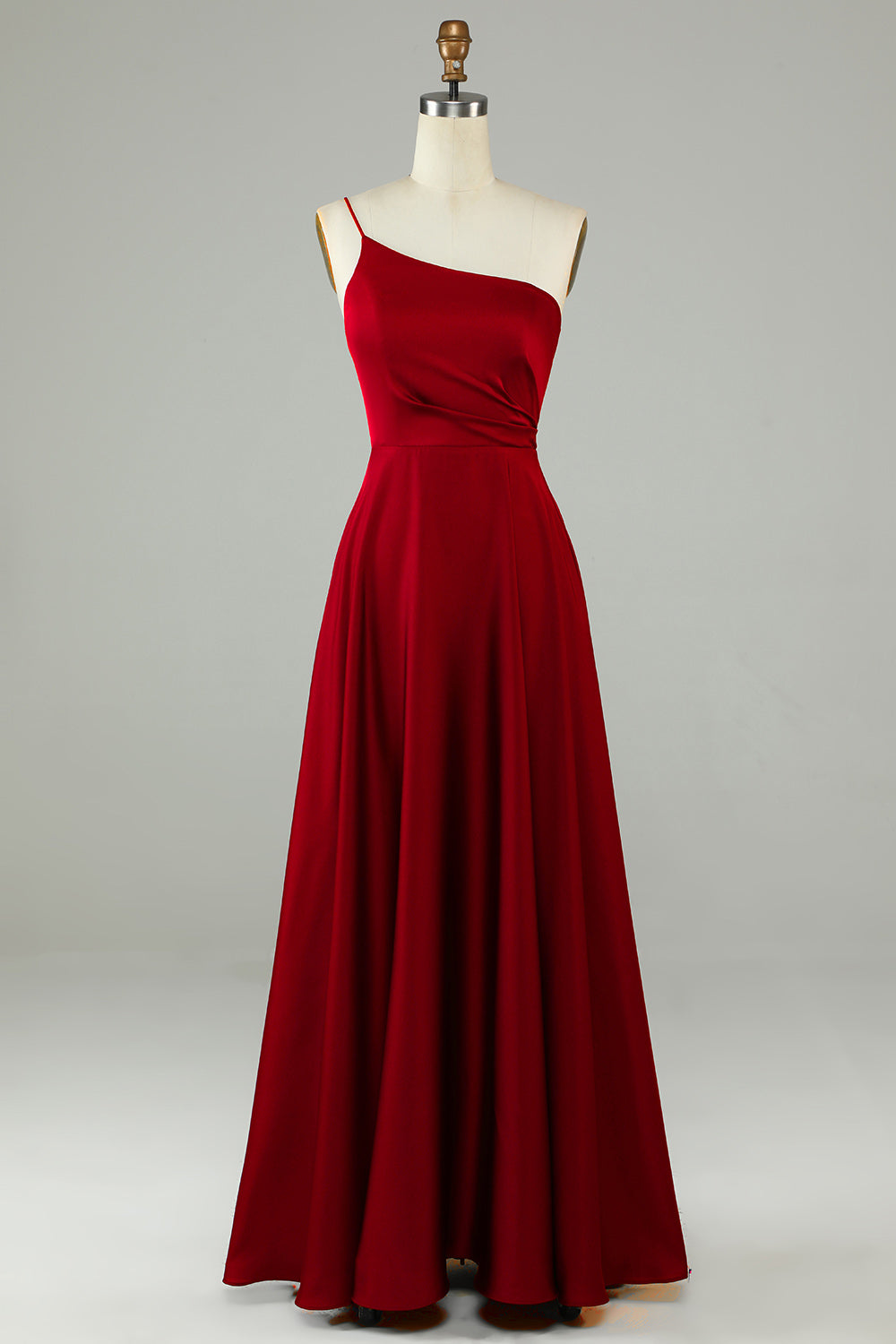 Burgundy A-Line One Shoulder Long Bridesmaid Dress with Ruffles