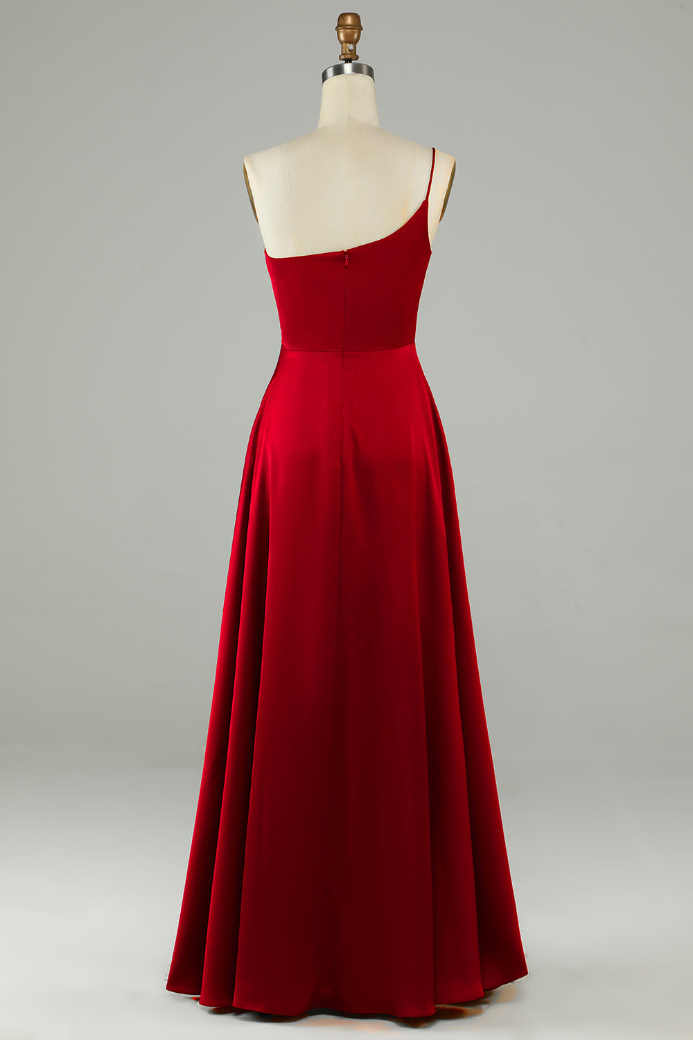 Burgundy A-Line One Shoulder Long Bridesmaid Dress with Ruffles