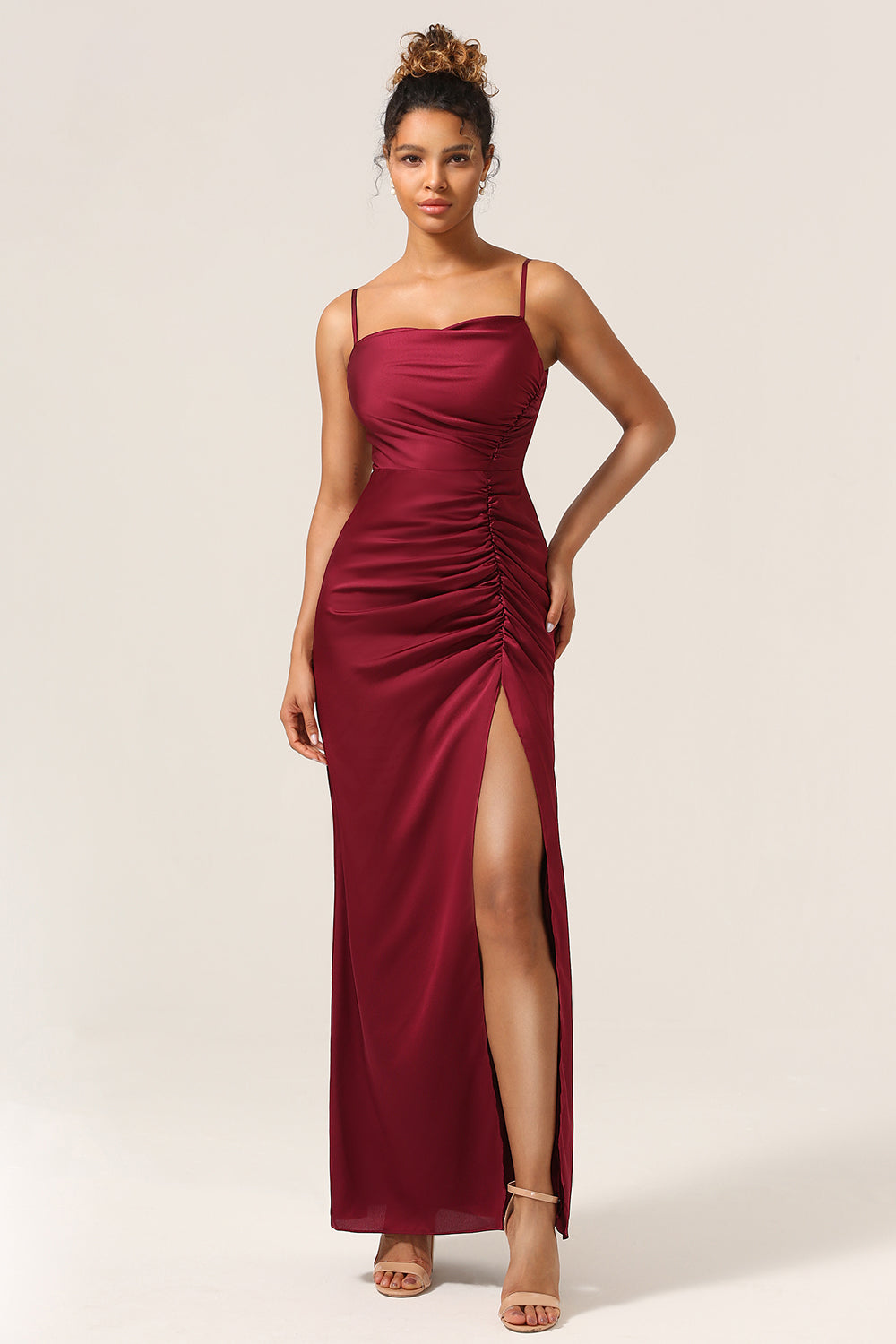 Sheath Spaghetti Straps Burgundy Long Bridesmaid Dress with Split Front