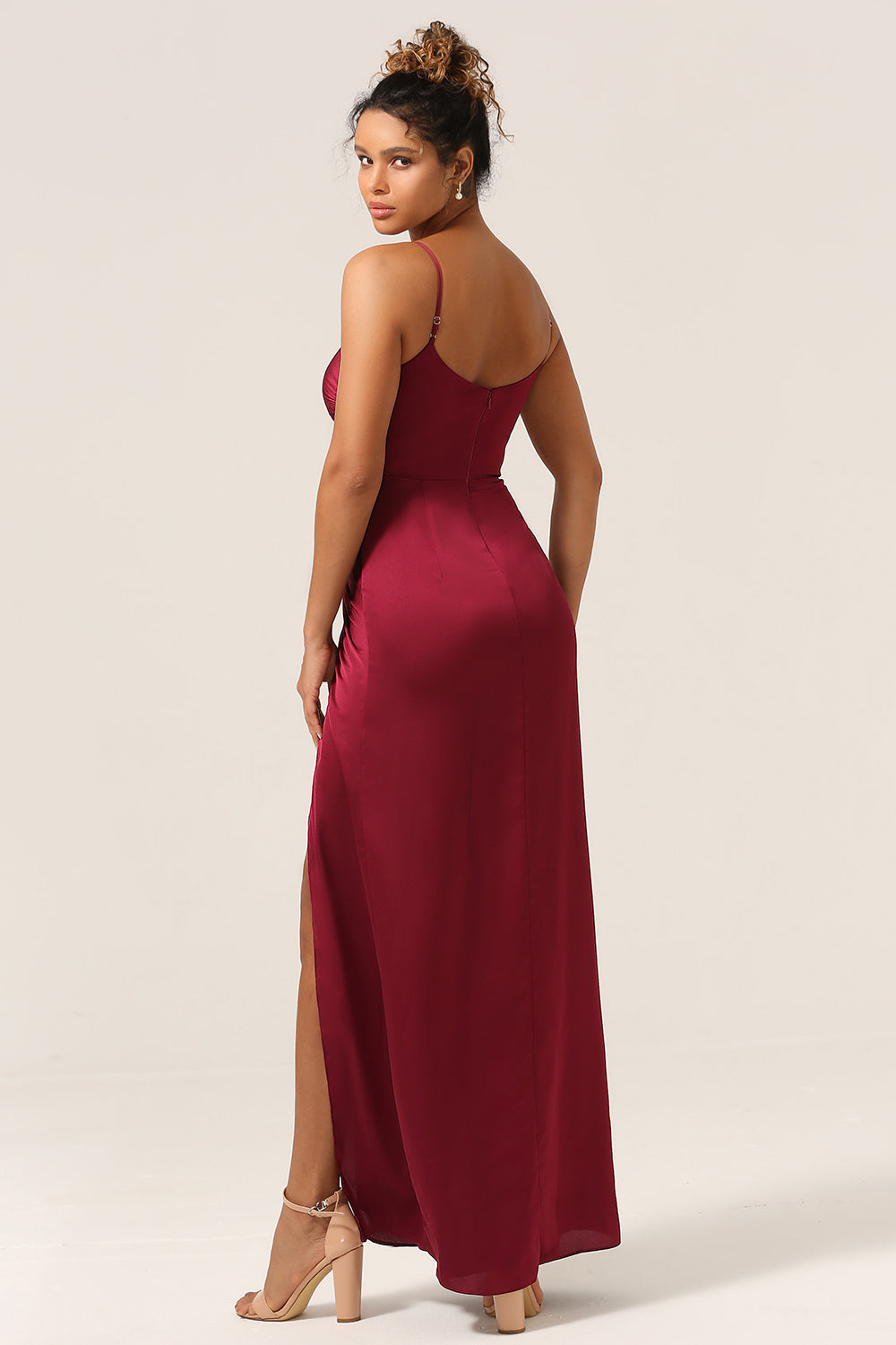 Sheath Spaghetti Straps Burgundy Long Bridesmaid Dress with Split Front