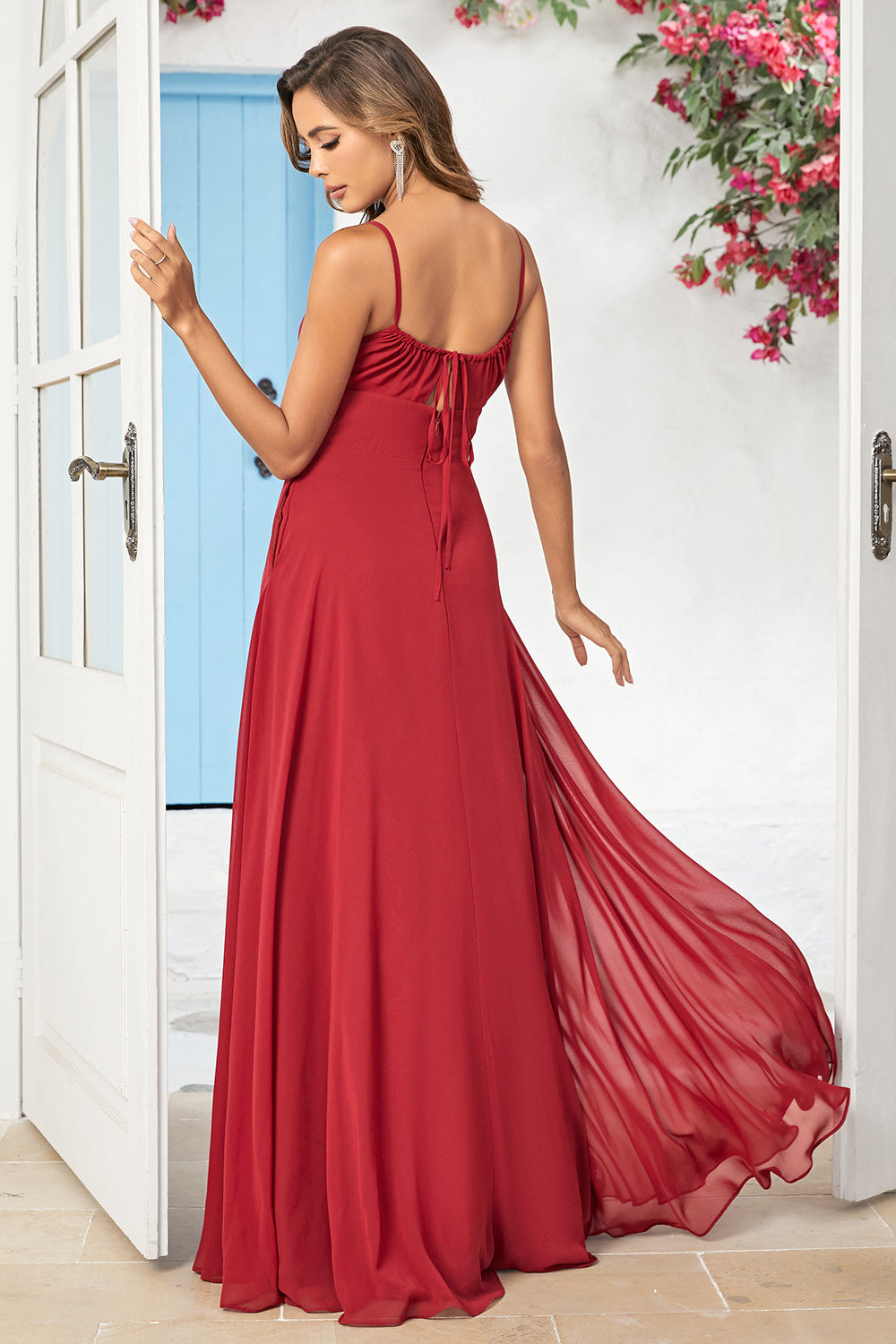 Burgundy A-Line Spaghetti Straps Chiffon Long Bridesmaid Dress