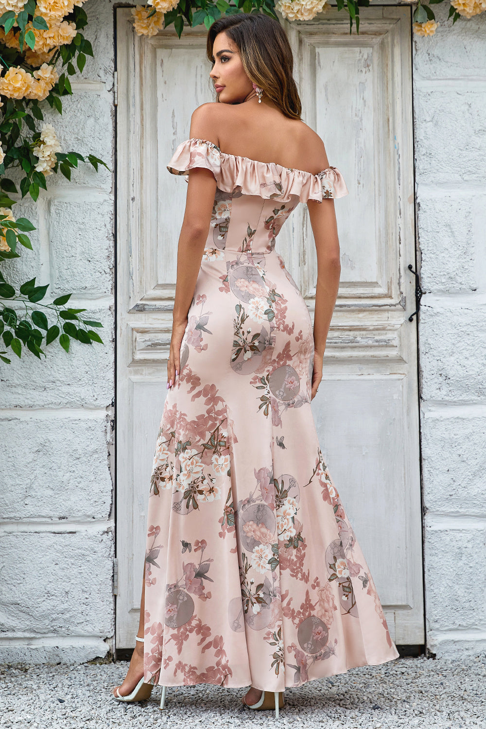 Blush Flower Printed Mermaid Off The Shoudler Floor-Length Dress with Slit