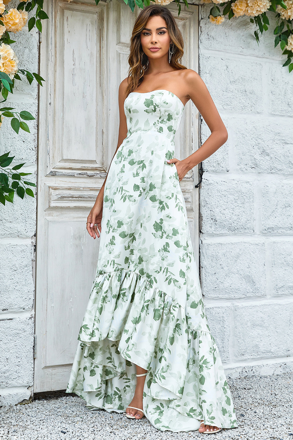 Green Asymmetrical Strapless Printed Long Bridesmaid Dress with Pocket