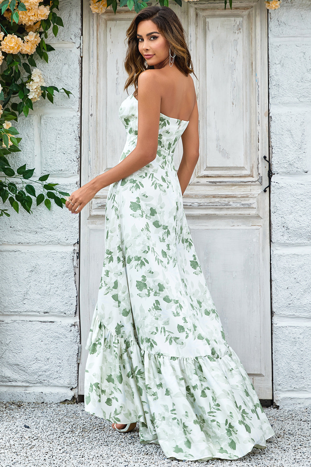 Green Asymmetrical Strapless Printed Long Bridesmaid Dress with Pocket