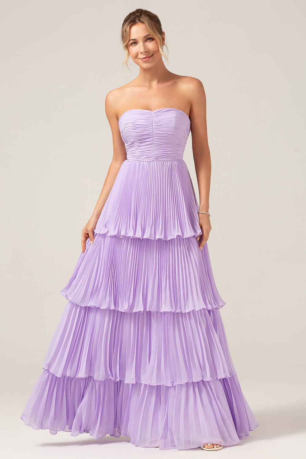 A-Line Sweetheart Tiered Floor Length Chiffon Lilac Bridesmaid Dress