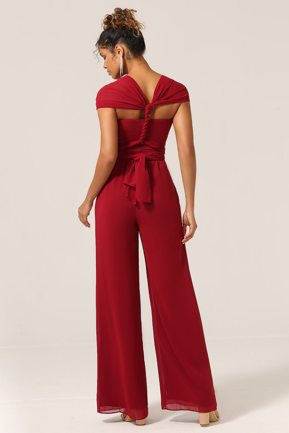 Burgundy Convertible Floor Length Chiffon Pant Suit For Bridesmaid