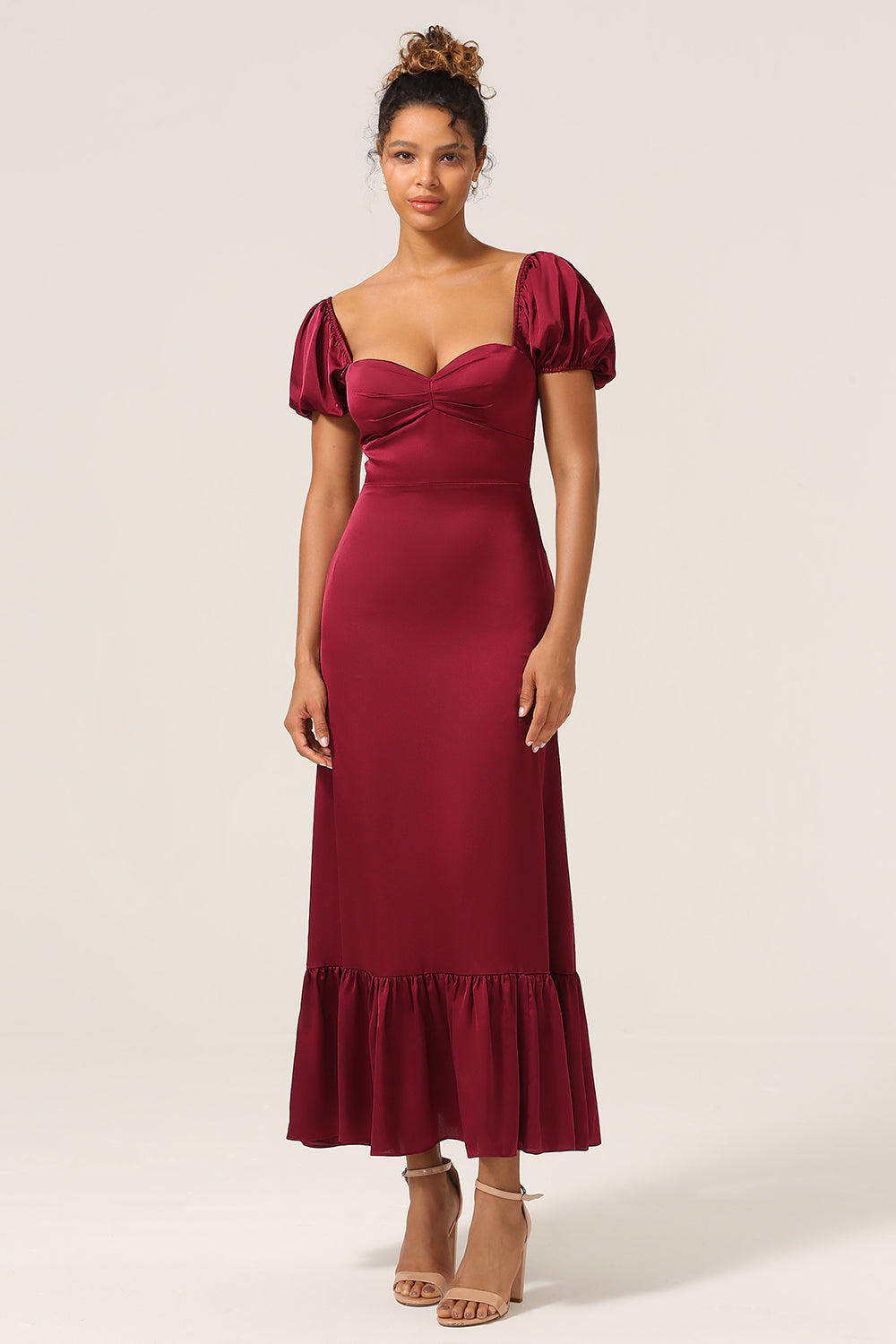 Burgundy Sheath Square Neck Tea-Length Satin Bridesmaid Dress with Ruffles