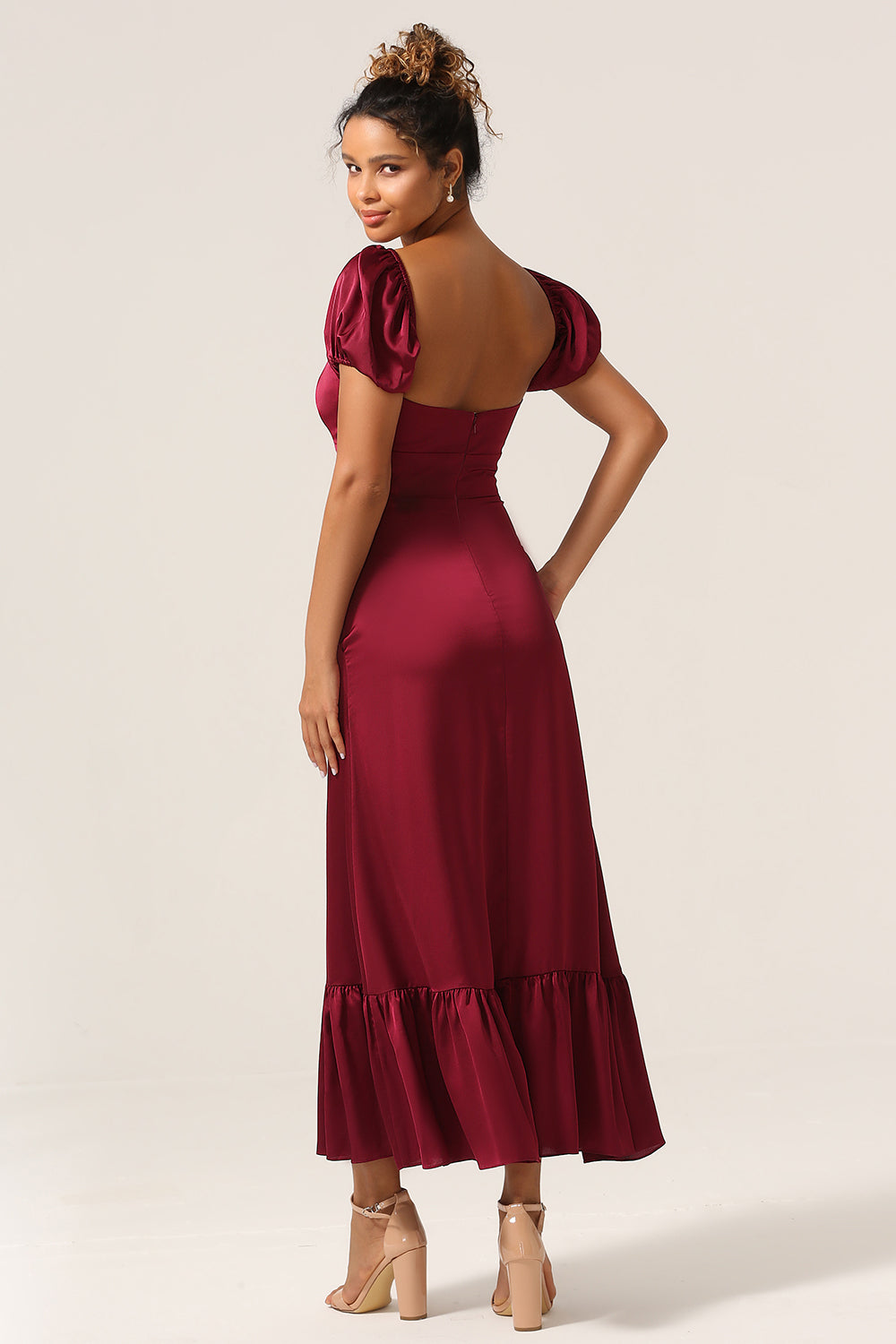 Burgundy Sheath Square Neck Tea-Length Satin Bridesmaid Dress with Ruffles