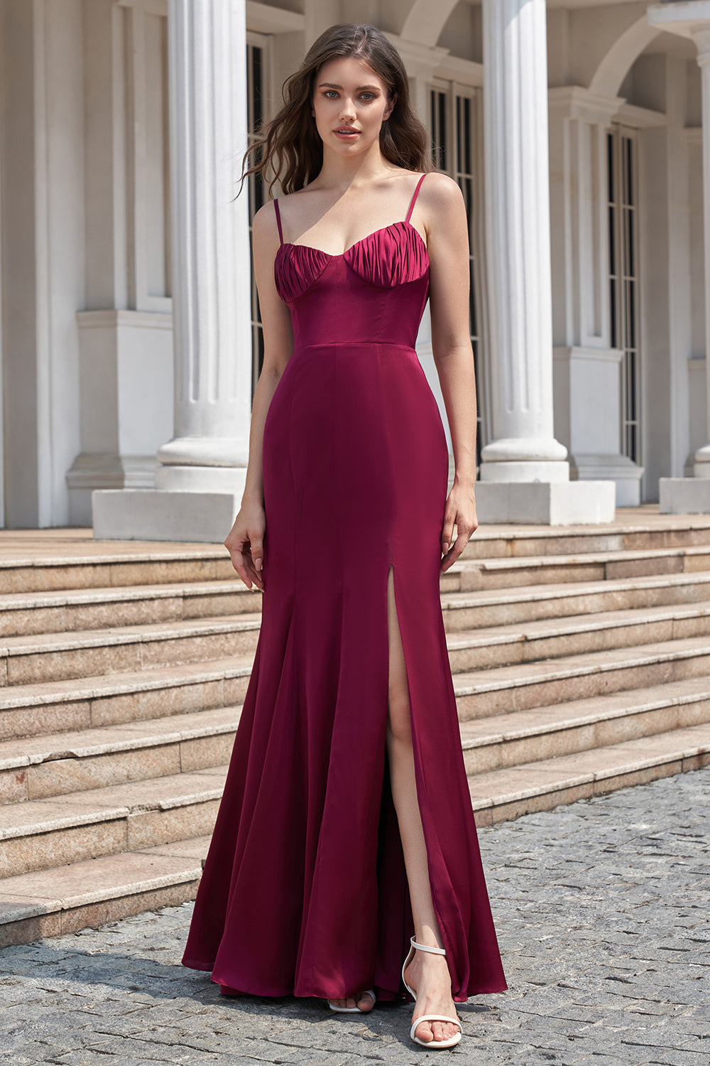 Mermaid Spaghetti Straps Burgundy Bridesmaid Dress with Slit