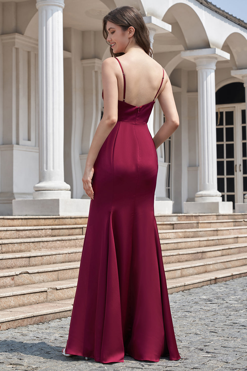 Mermaid Spaghetti Straps Burgundy Bridesmaid Dress with Slit