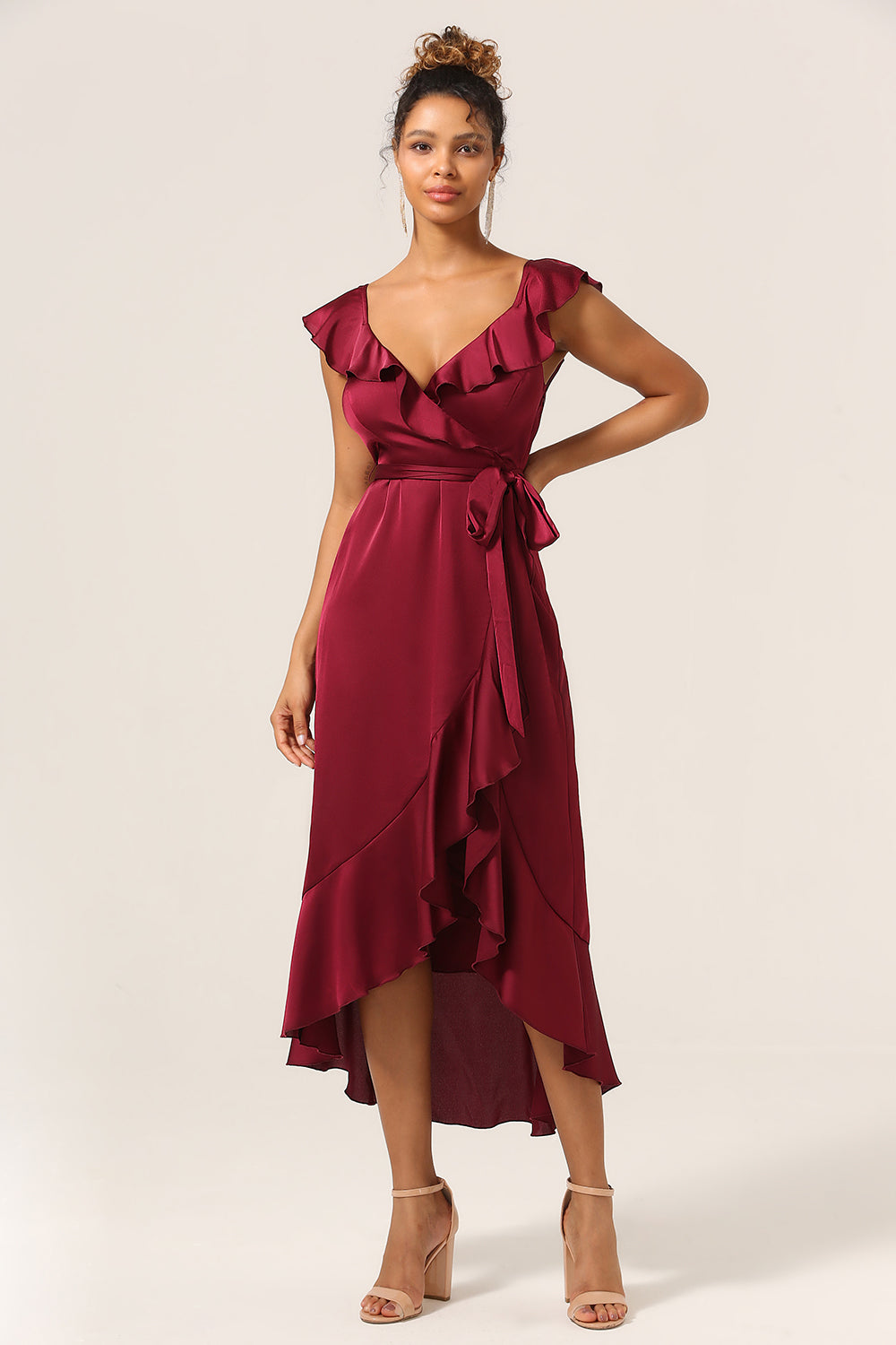 Burgundy Asymmetrical V-Neck Long Bridesmaid Dress with Ruffles