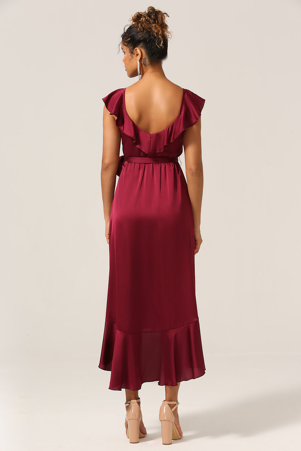 Burgundy Asymmetrical V-Neck Long Bridesmaid Dress with Ruffles