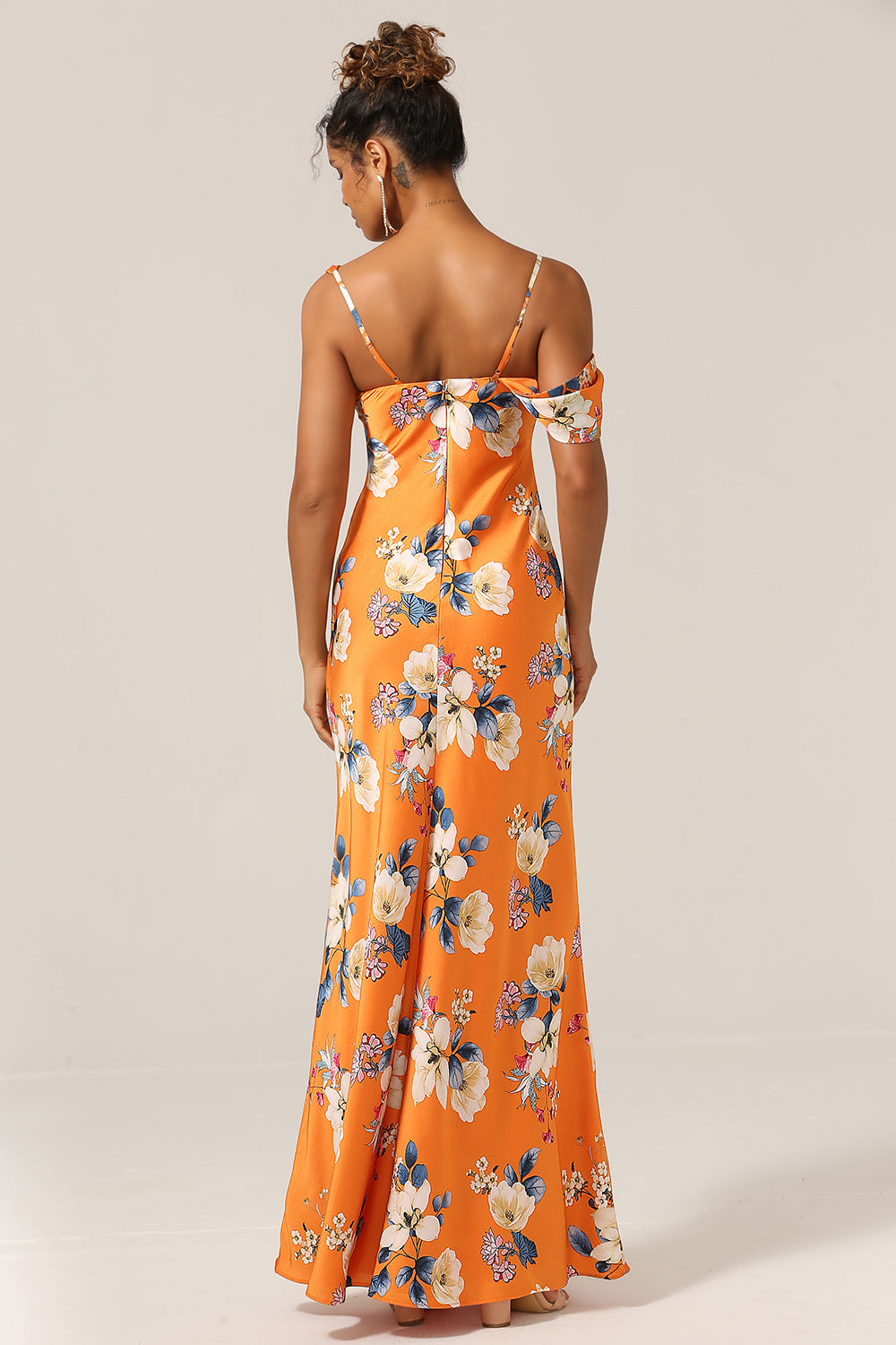 Orange Flower Mermaid Cold Shoulder Cowl Neck Satin Bridesmaid Dress