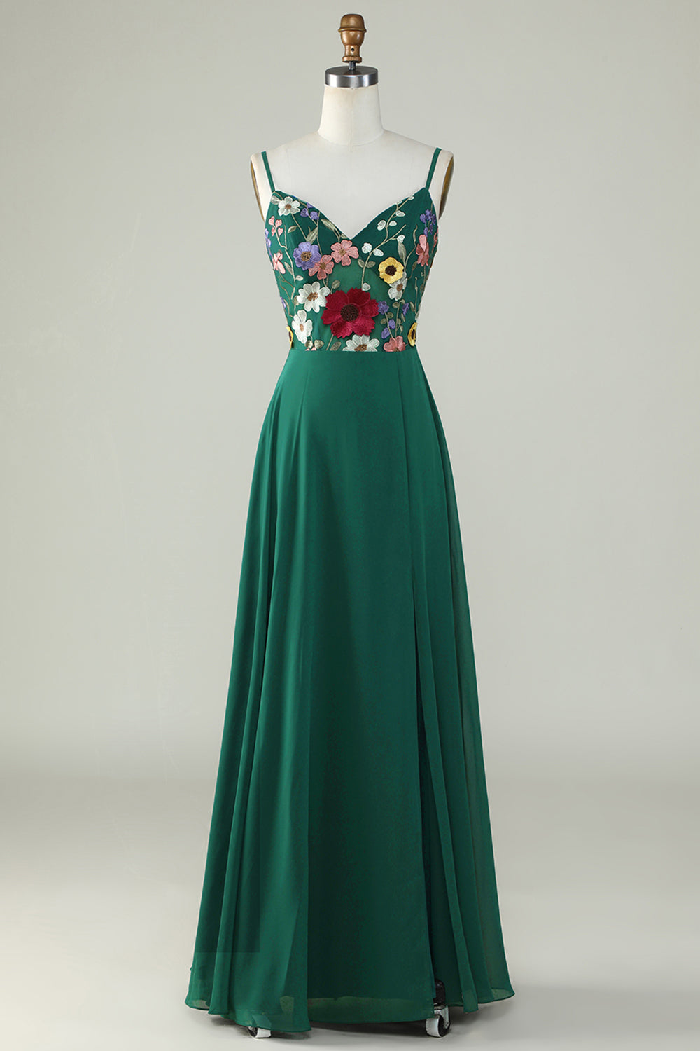 Dark Green A-Line Spaghetti Straps Floor-Length Dress with 3D Flowers