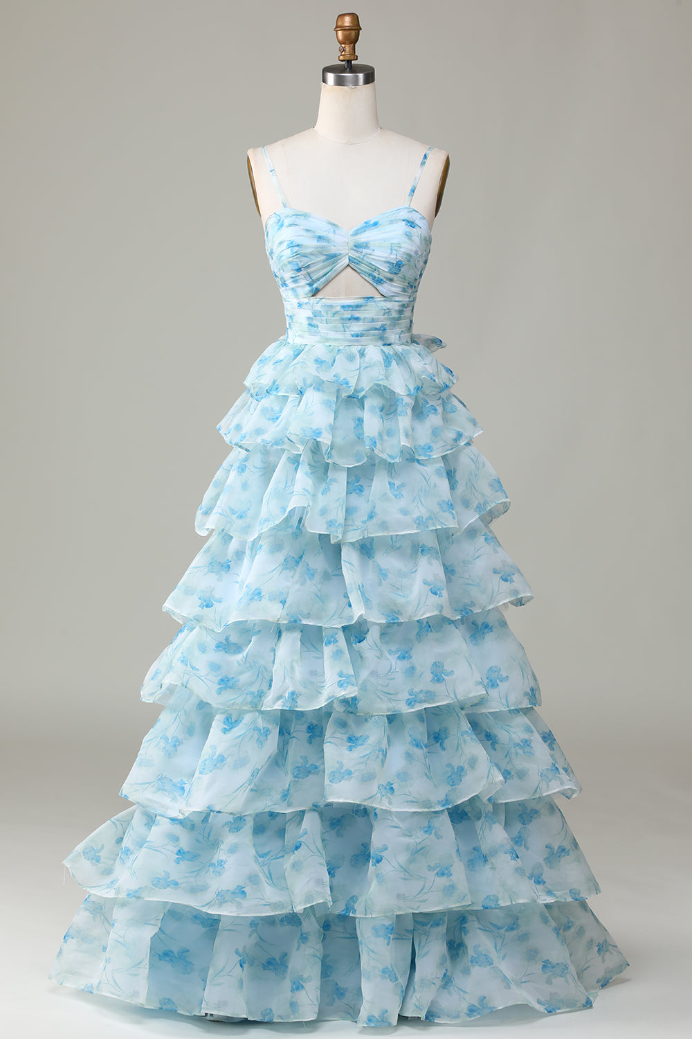 Blue Flower Princess Spaghetti Straps Cut Out Tiered Floor Length Dress