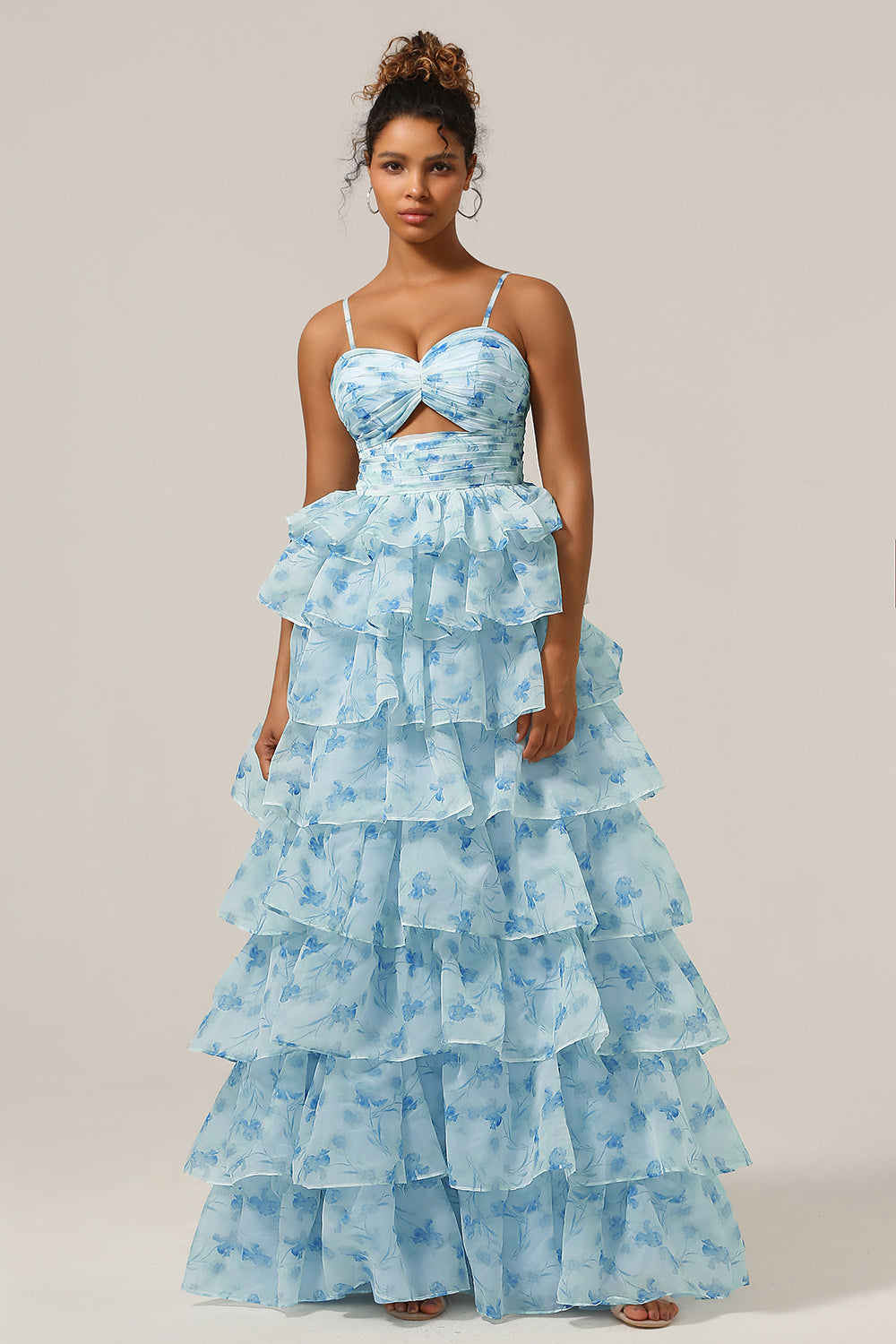 Blue Flower A-Line Spaghetti Straps Cut Out Tiered Print Floral Floor Length Dress