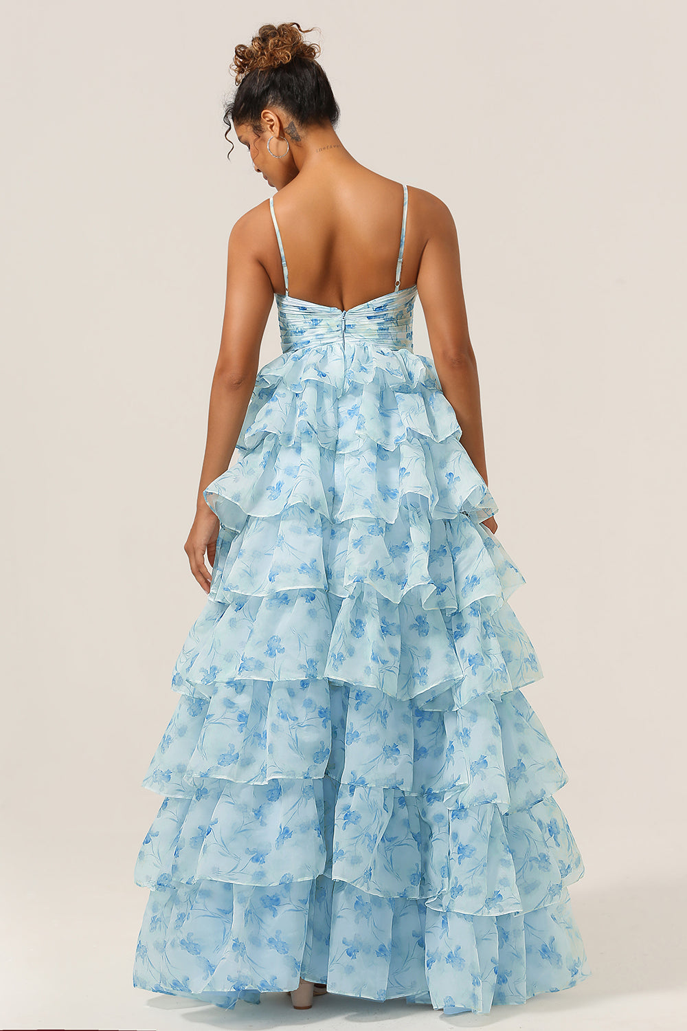 Blue Flower A-Line Spaghetti Straps Cut Out Tiered Print Floral Floor Length Dress