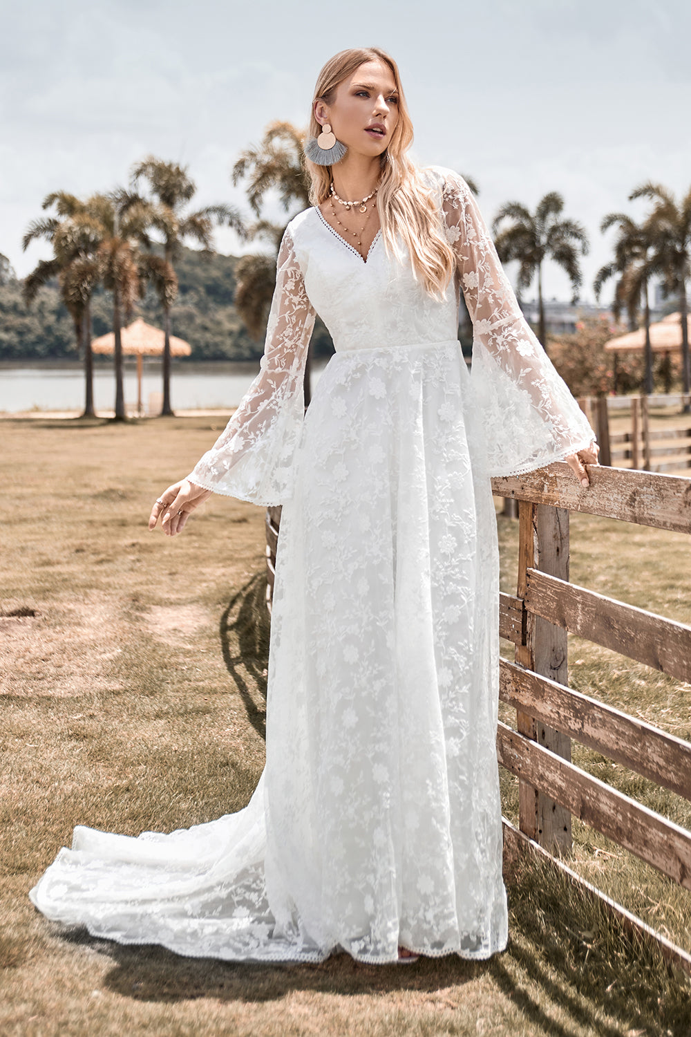 Ivory A-Line Lace Flare Sleeves Wedding Dress