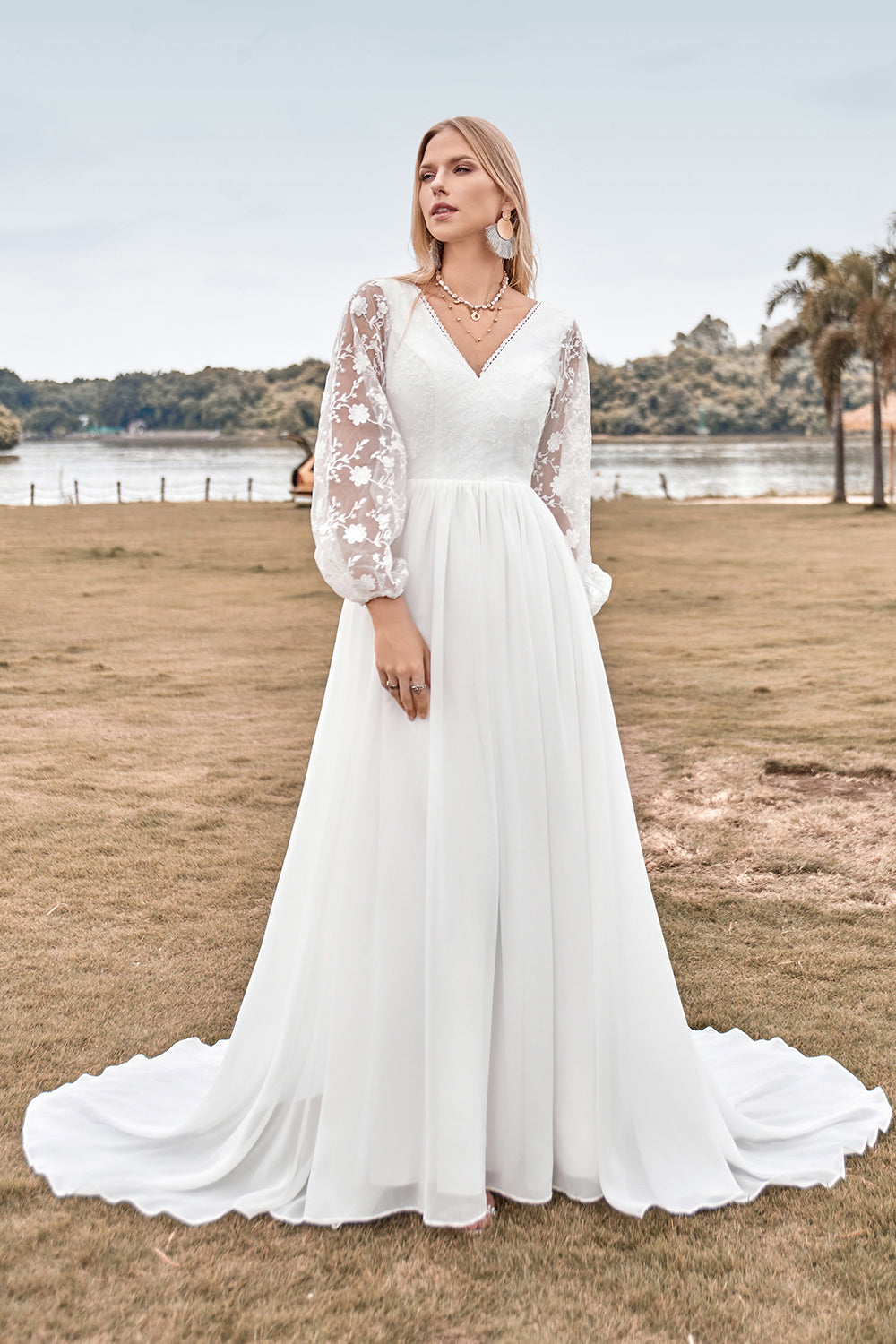 Ivory A Line Sweep Train Chiffon Boho Wedding Dress with Lace