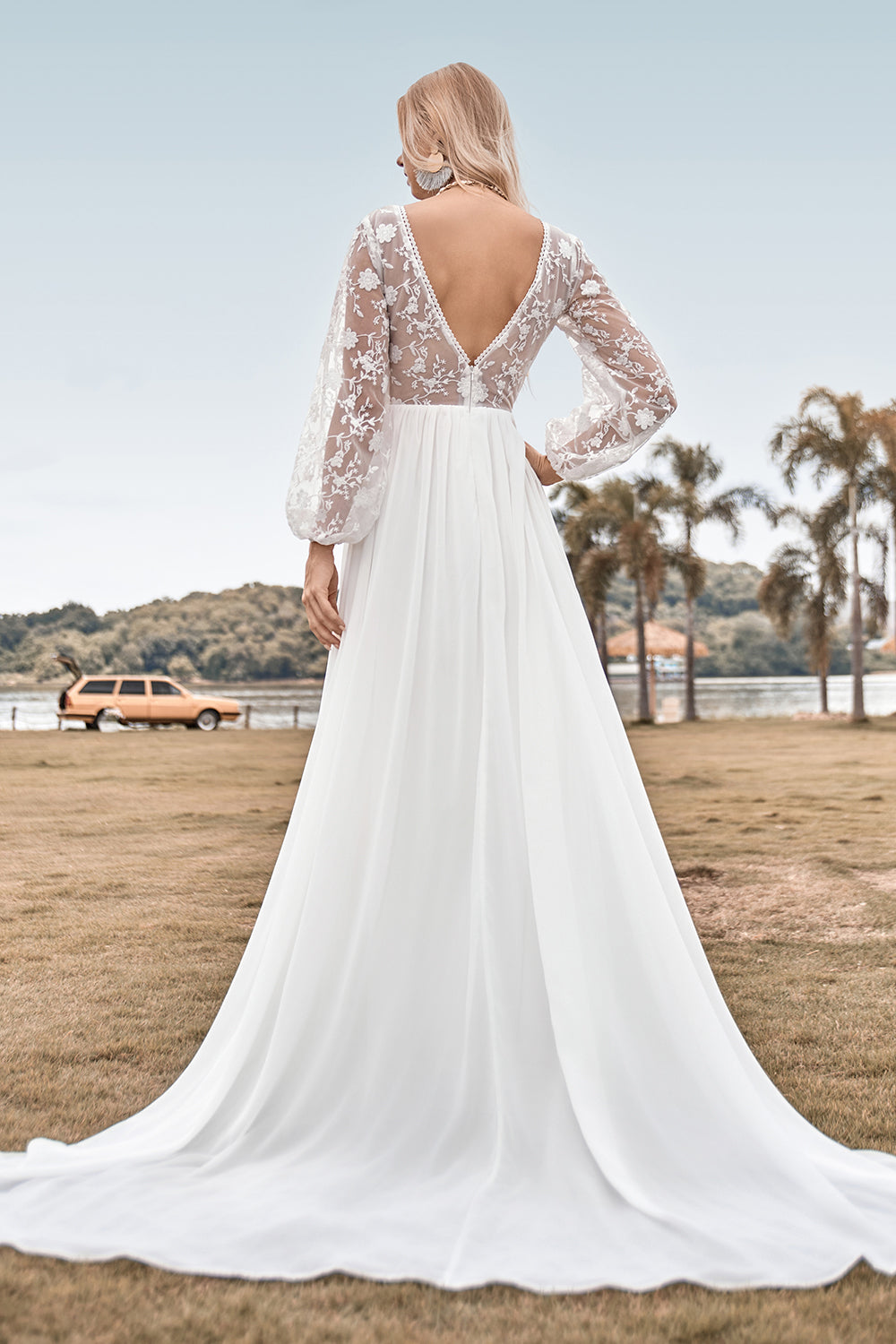 Ivory A Line Sweep Train Chiffon Boho Wedding Dress with Lace