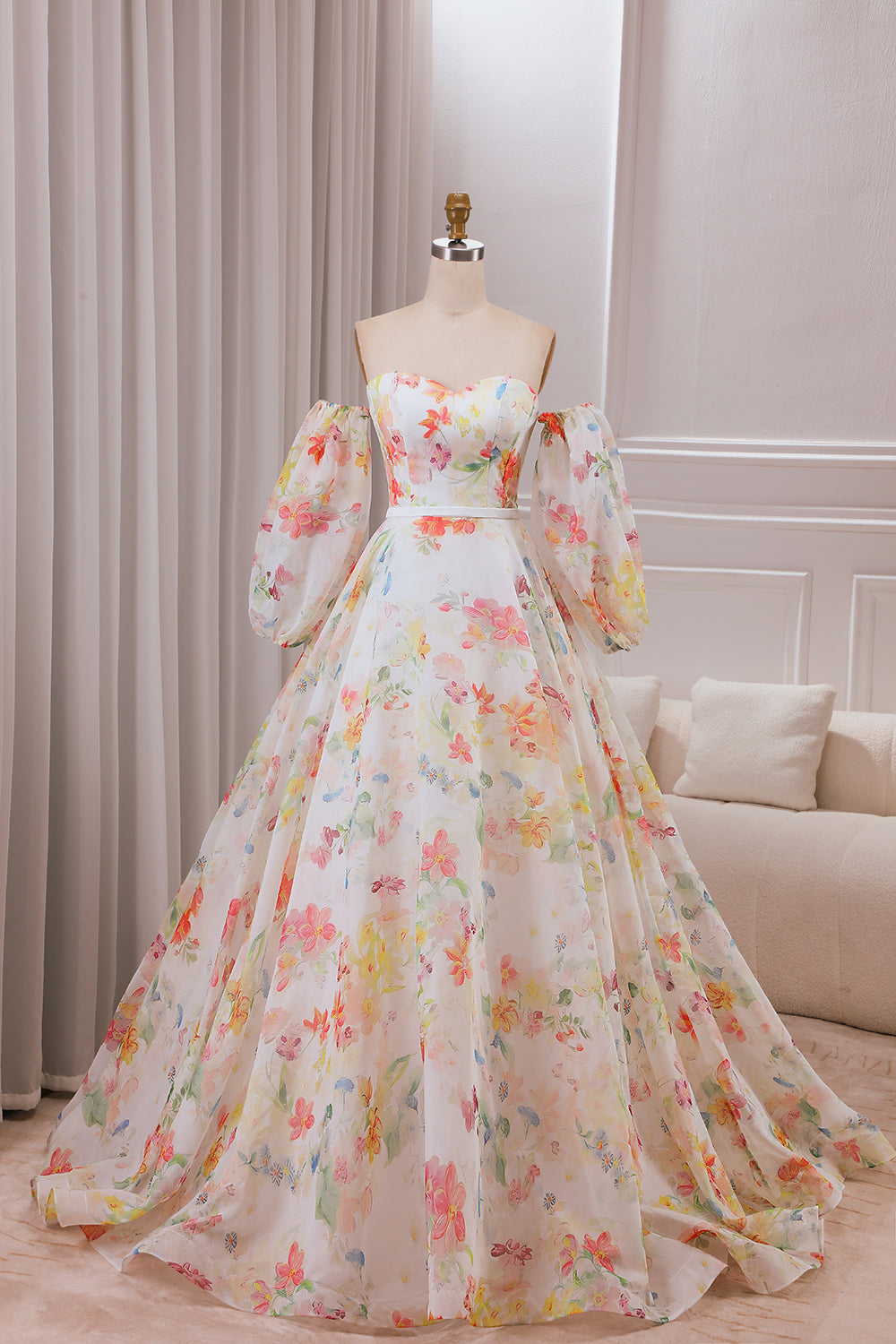 Ball-Gown/Princess Ivory Flower Sweep Train Wedding Dress with Half Sleeves