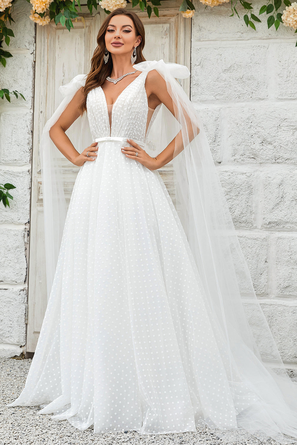 Ivory A Line V-Neck Polka dots Sweep Train Tulle Wedding Dress