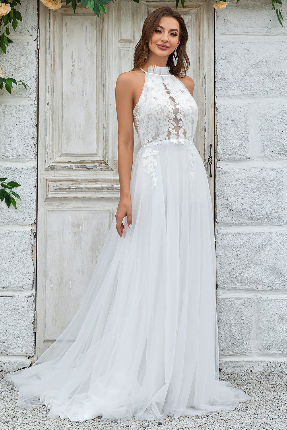 Ivory A-Line Halter Sweep Train Tulle Boho Wedding Dress with Lace